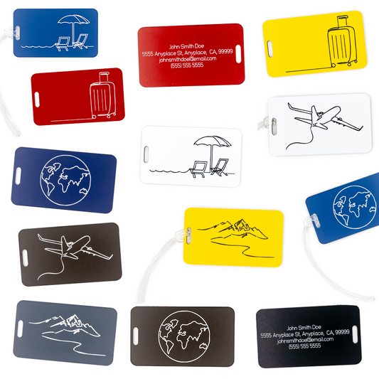 collection of custom luggage tags in red, blue, yellow, chocolate and black