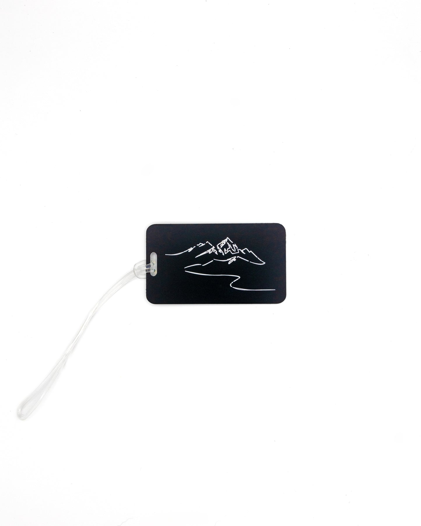 Mountain Design acrylic luggage tag in black with worm loop.
