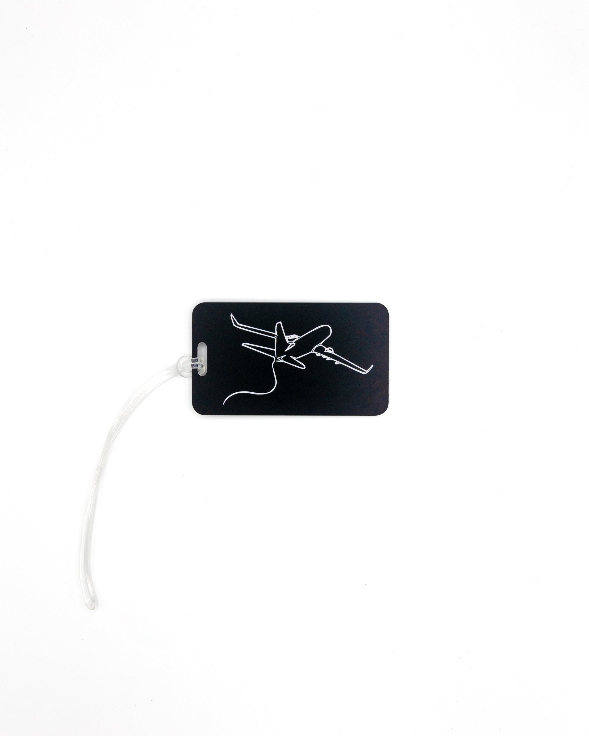 Plane Design acrylic luggage tag in black with worm loop.
