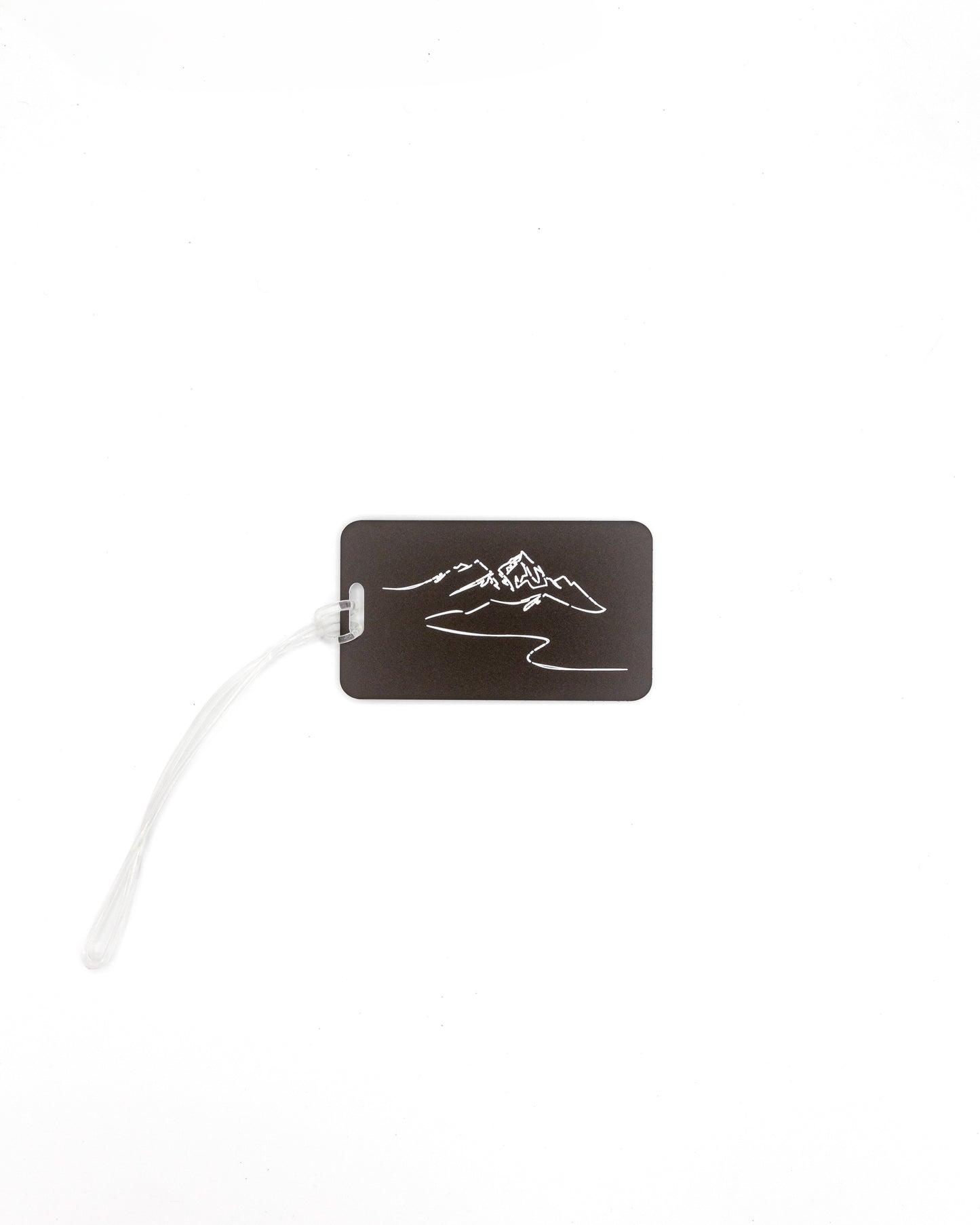 Mountain Design acrylic luggage tag in chocolate with worm loop.