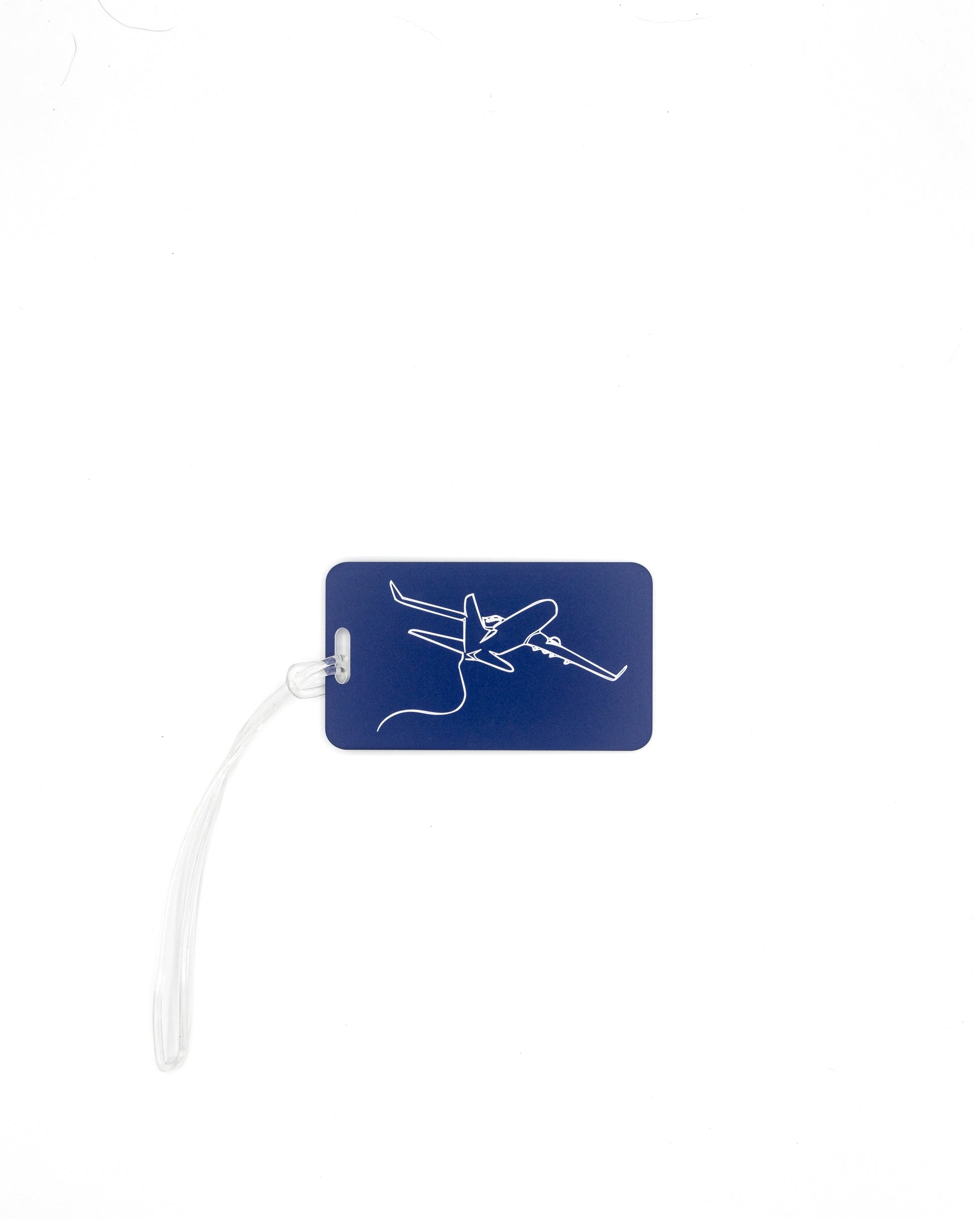 Plane Design acrylic luggage tag in dark blue with worm loop.