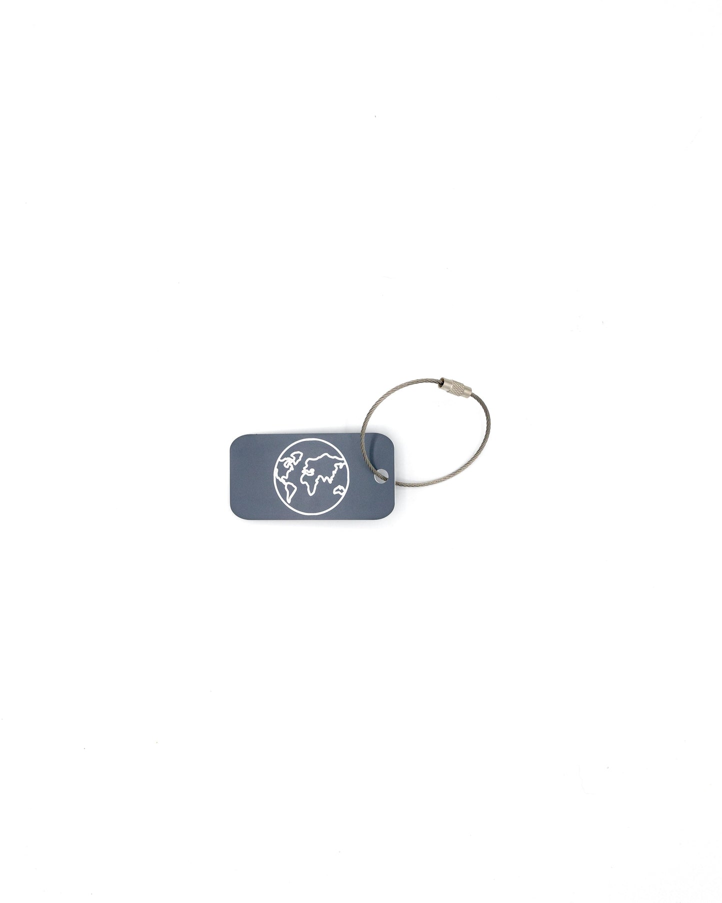 plastic key tag with world design travel accessory grey with wire loop
