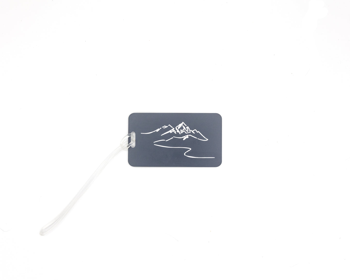 Mountain Design acrylic luggage tag in grey with worm loop.