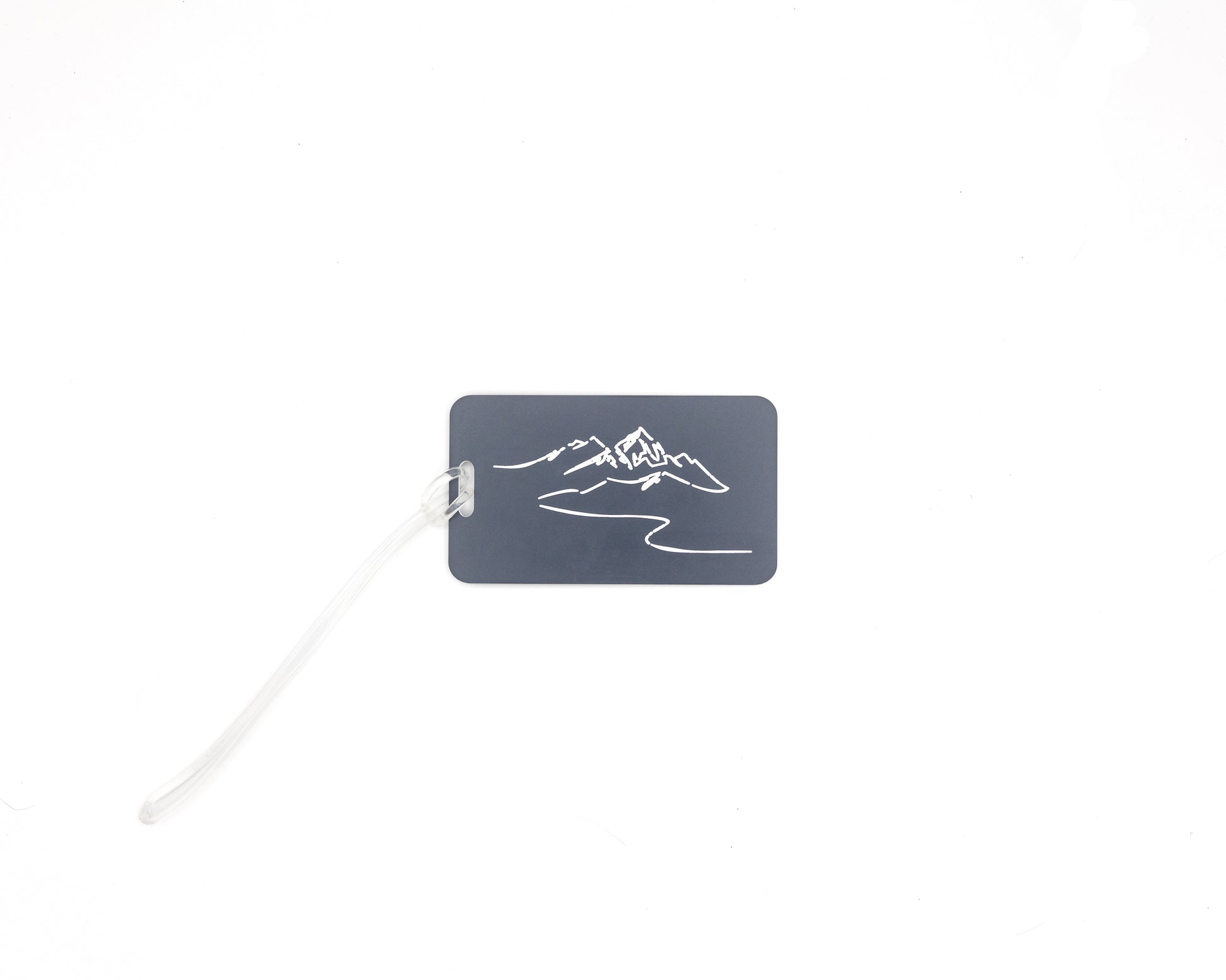 Mountain Design acrylic luggage tag in grey with worm loop.