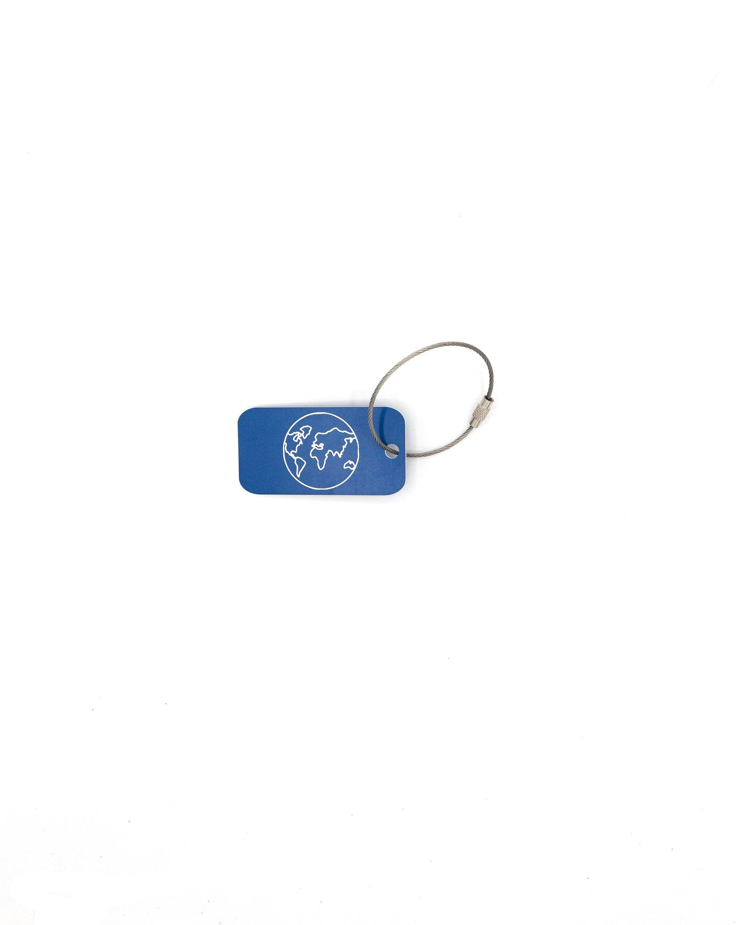 plastic key tag with world design travel accessory light blue with wire loop