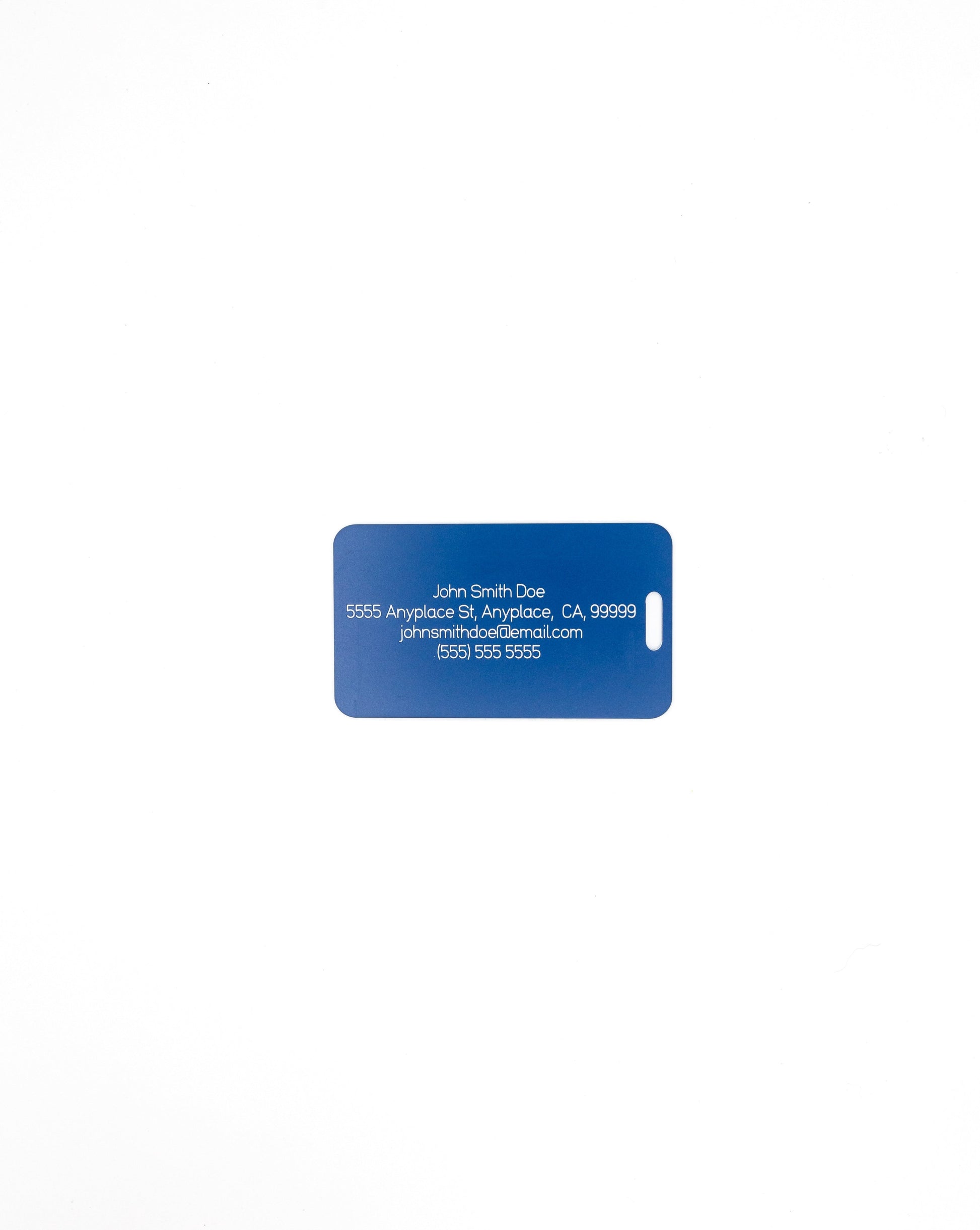 acrylic luggage tag with travel information in light blue