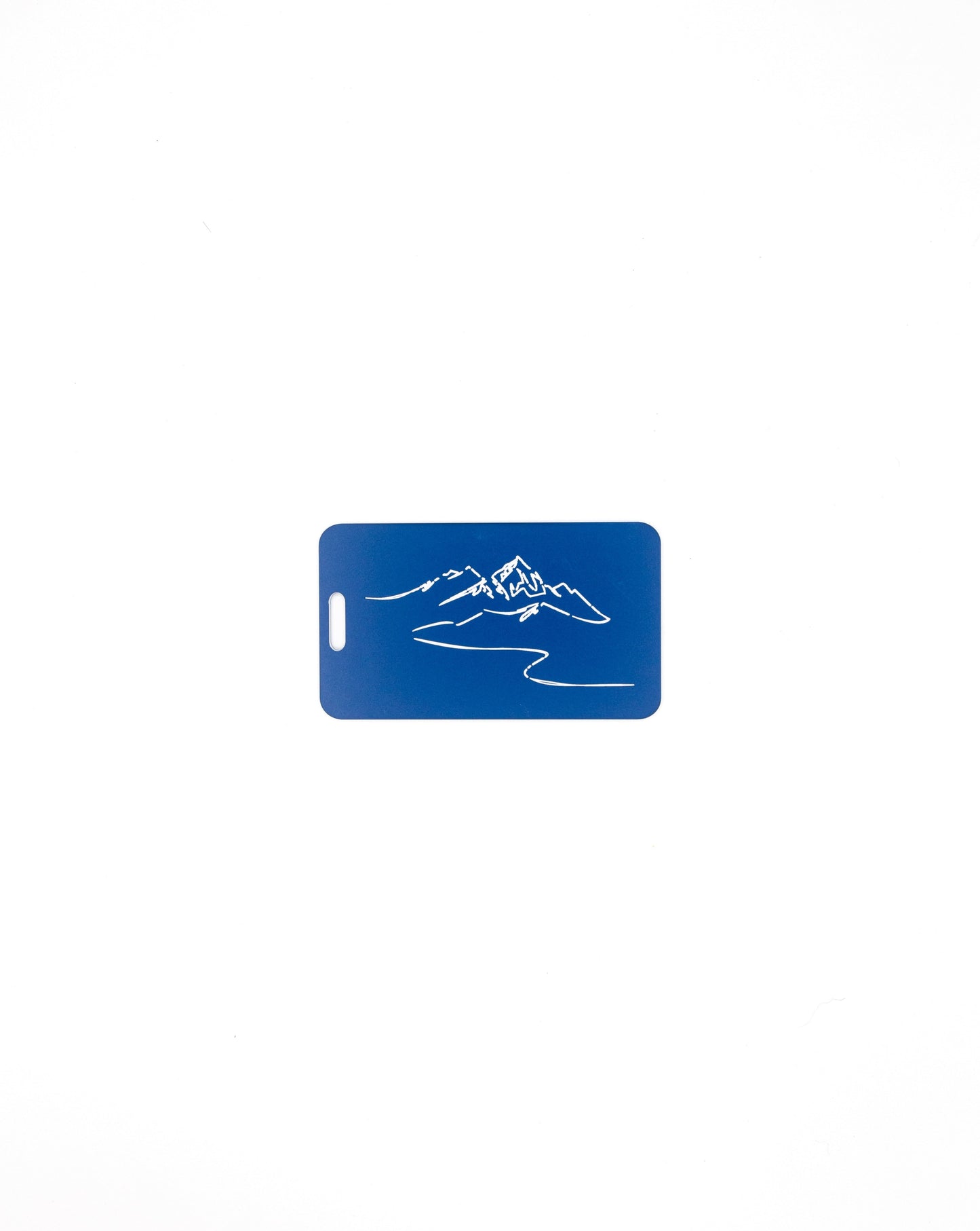 Mountain Design acrylic luggage tag in light blue.