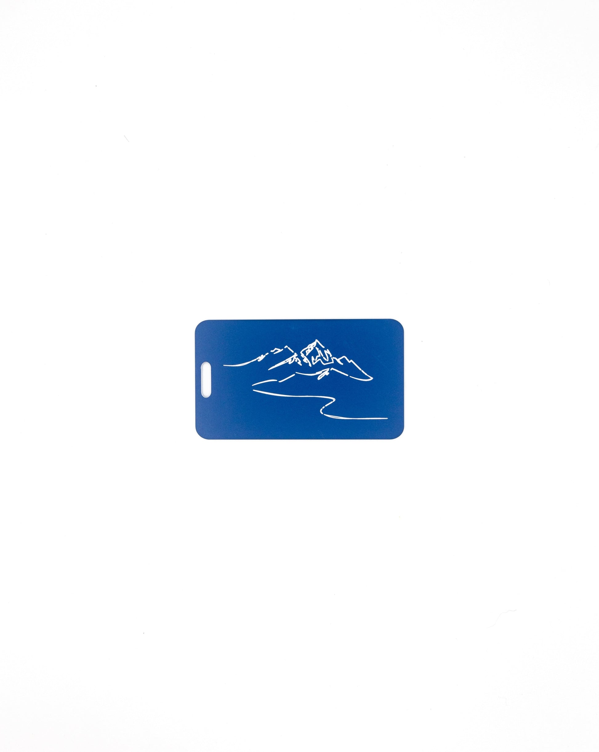Mountain Design acrylic luggage tag in light blue.
