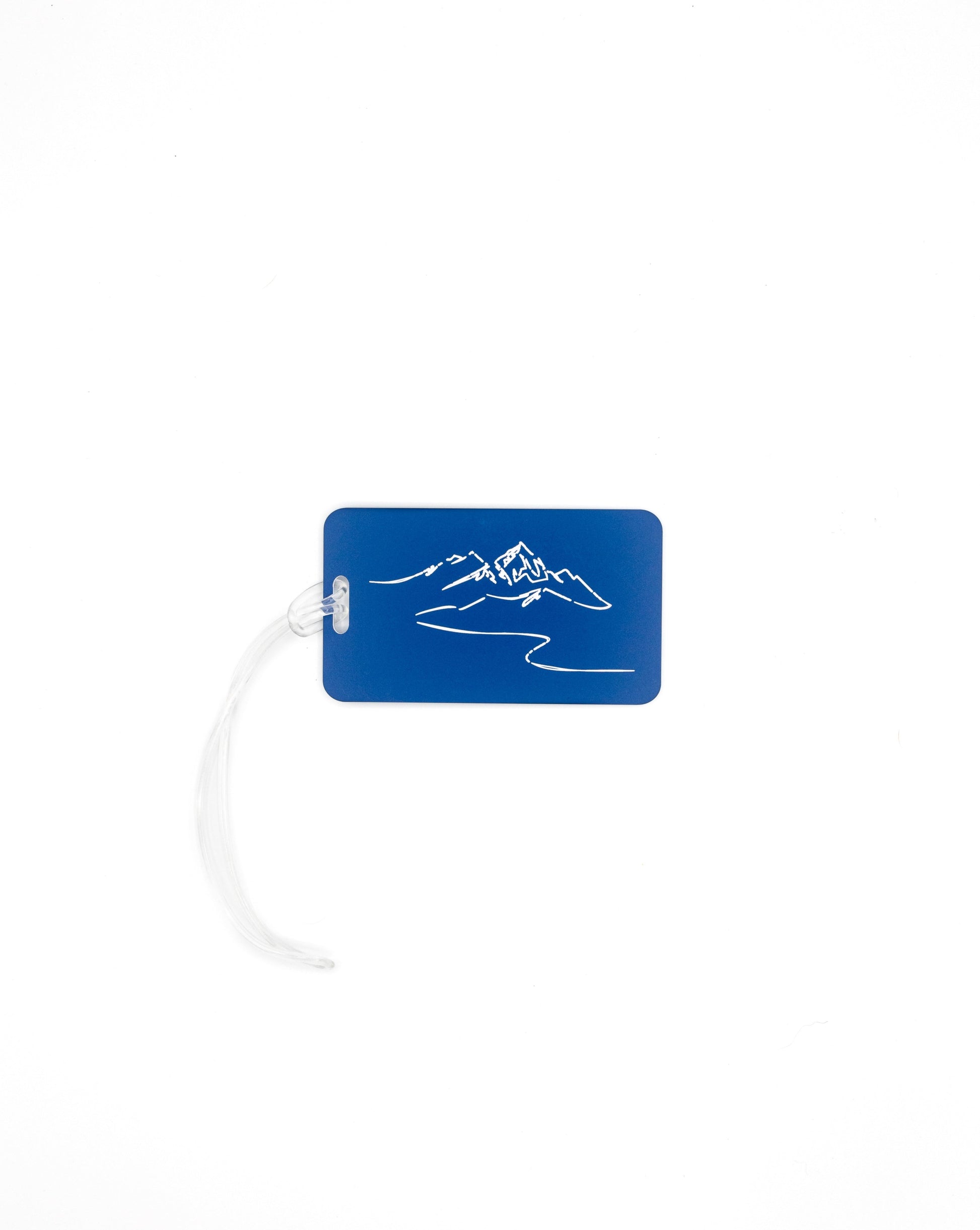 Mountain Design acrylic luggage tag in light blue with worm loop.