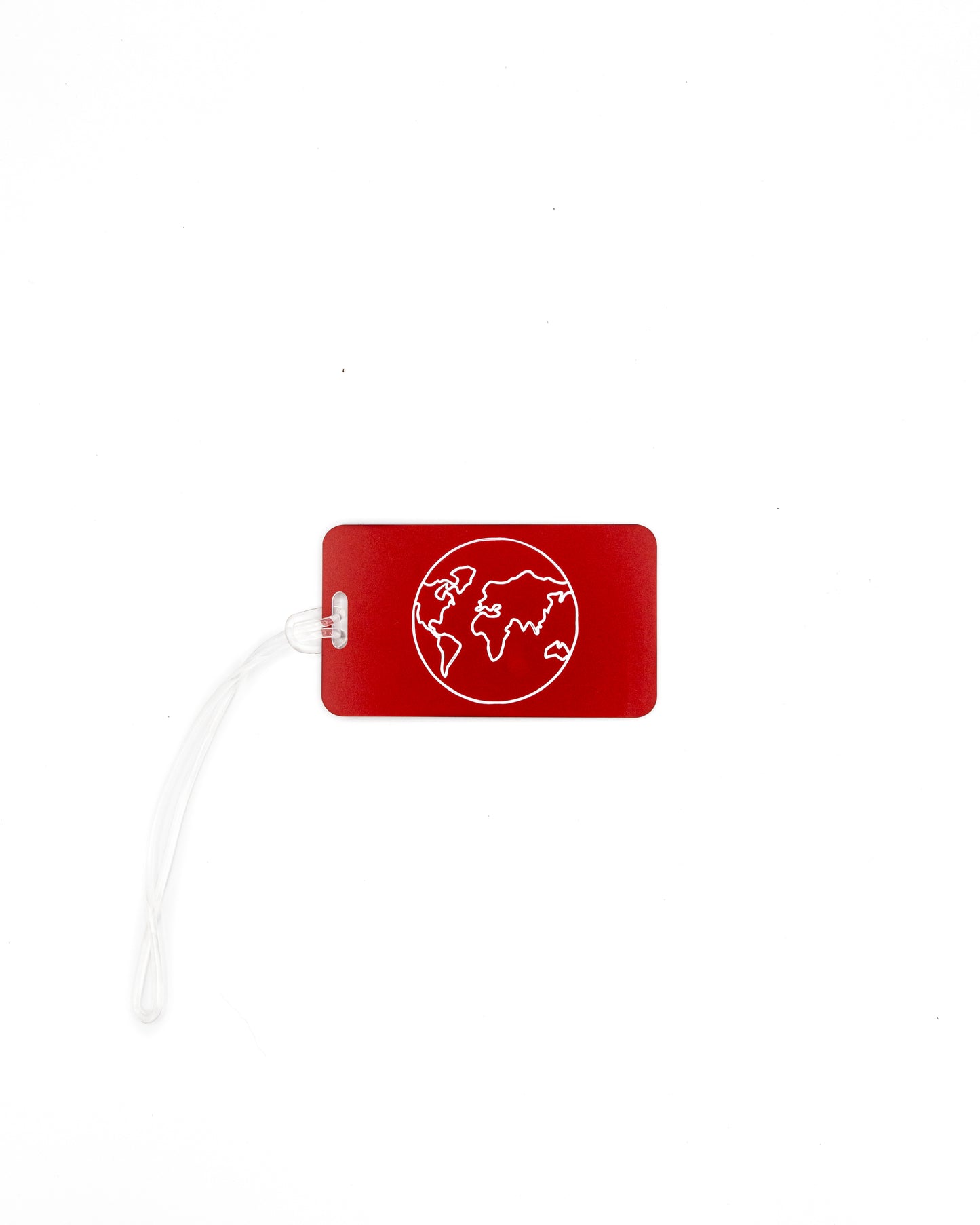 Globe Design acrylic luggage tag in red with worm loop.