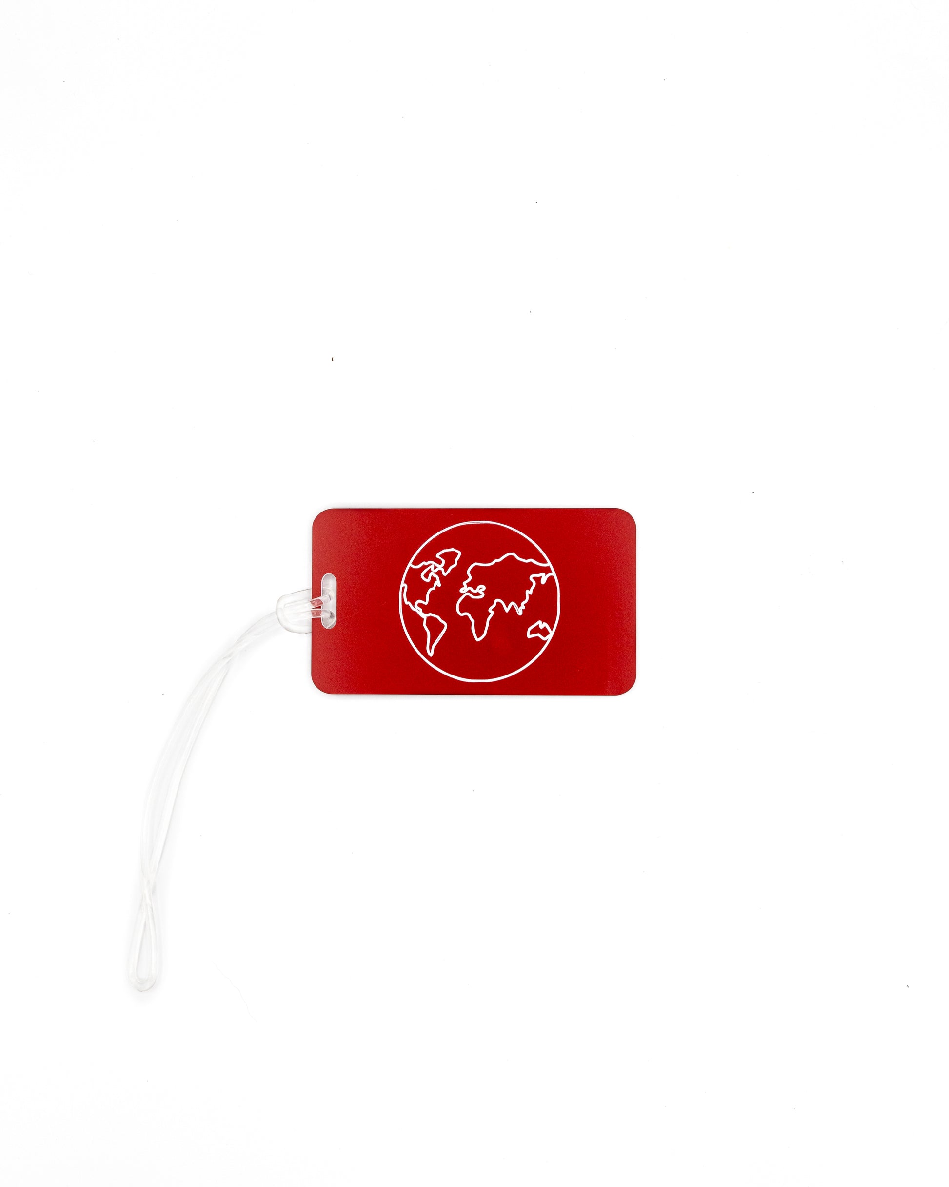 Globe Design acrylic luggage tag in red with worm loop.