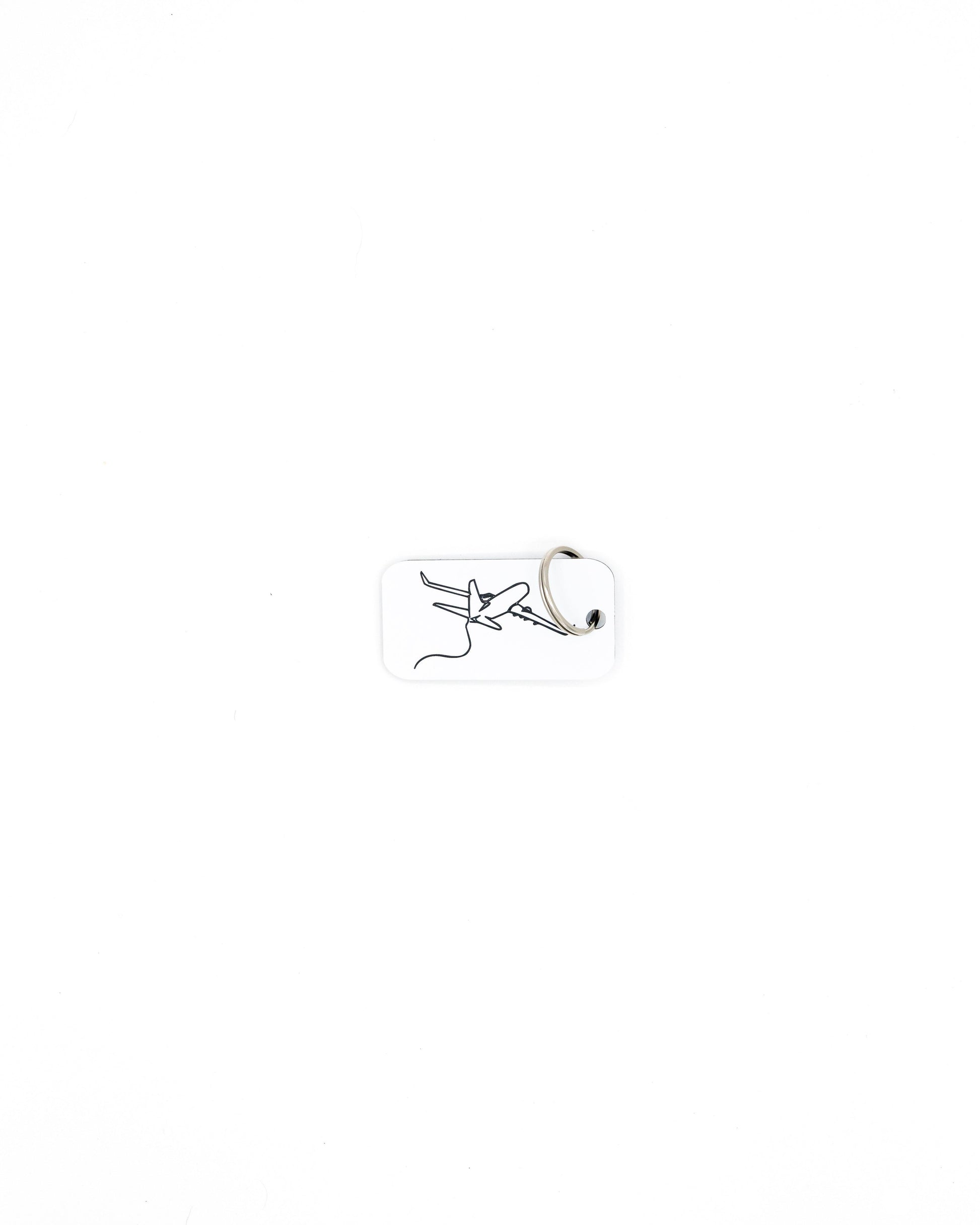 Airplane Design Acrylic Keychain in white with classic key ring.