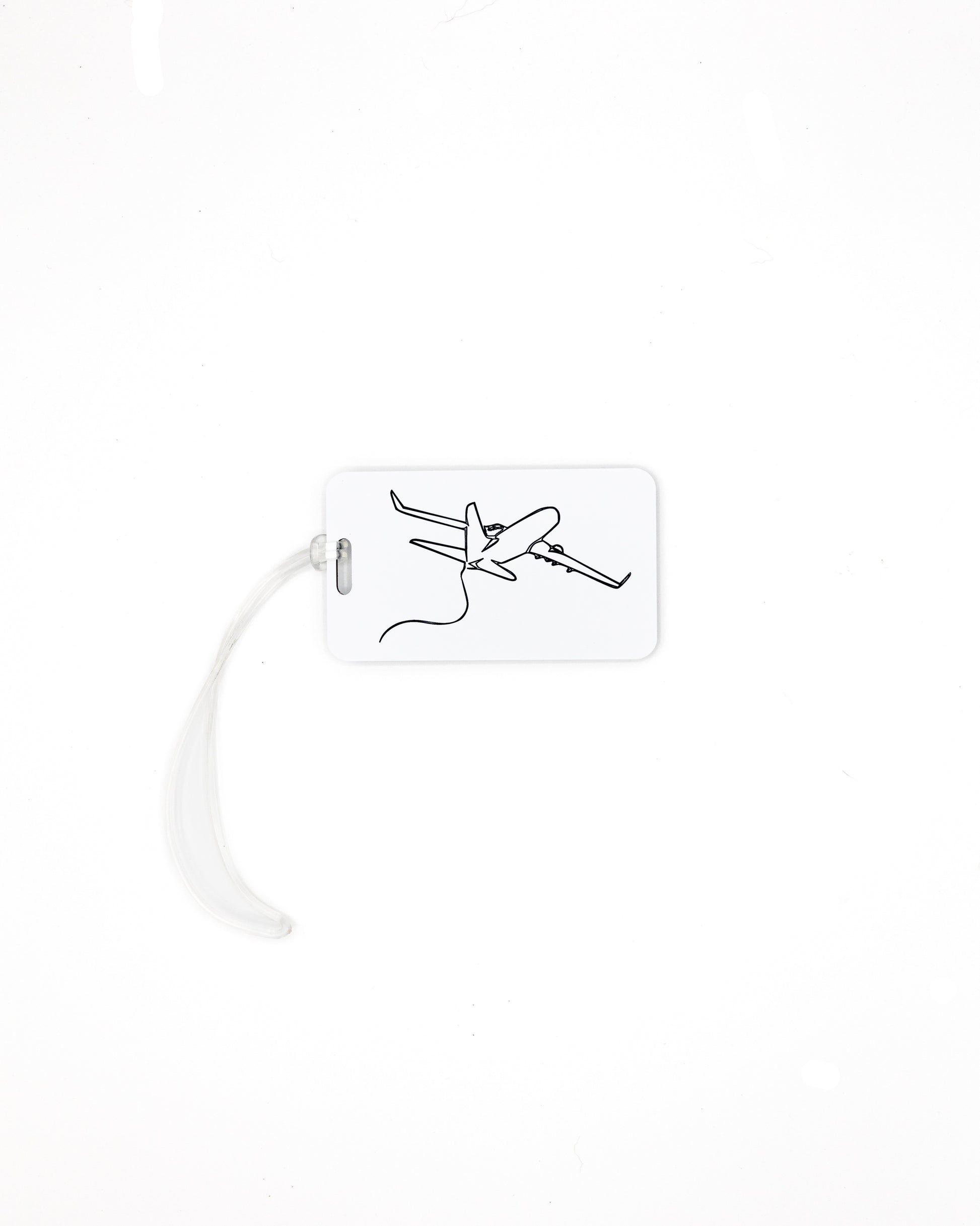 Plane Design acrylic luggage tag in white with worm loop.