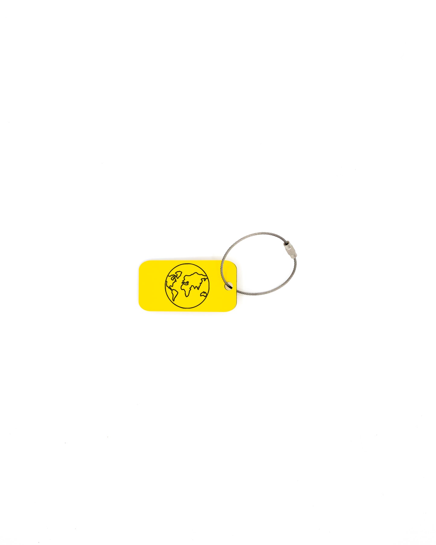 plastic key tag with world design travel accessory yellow with wire loop