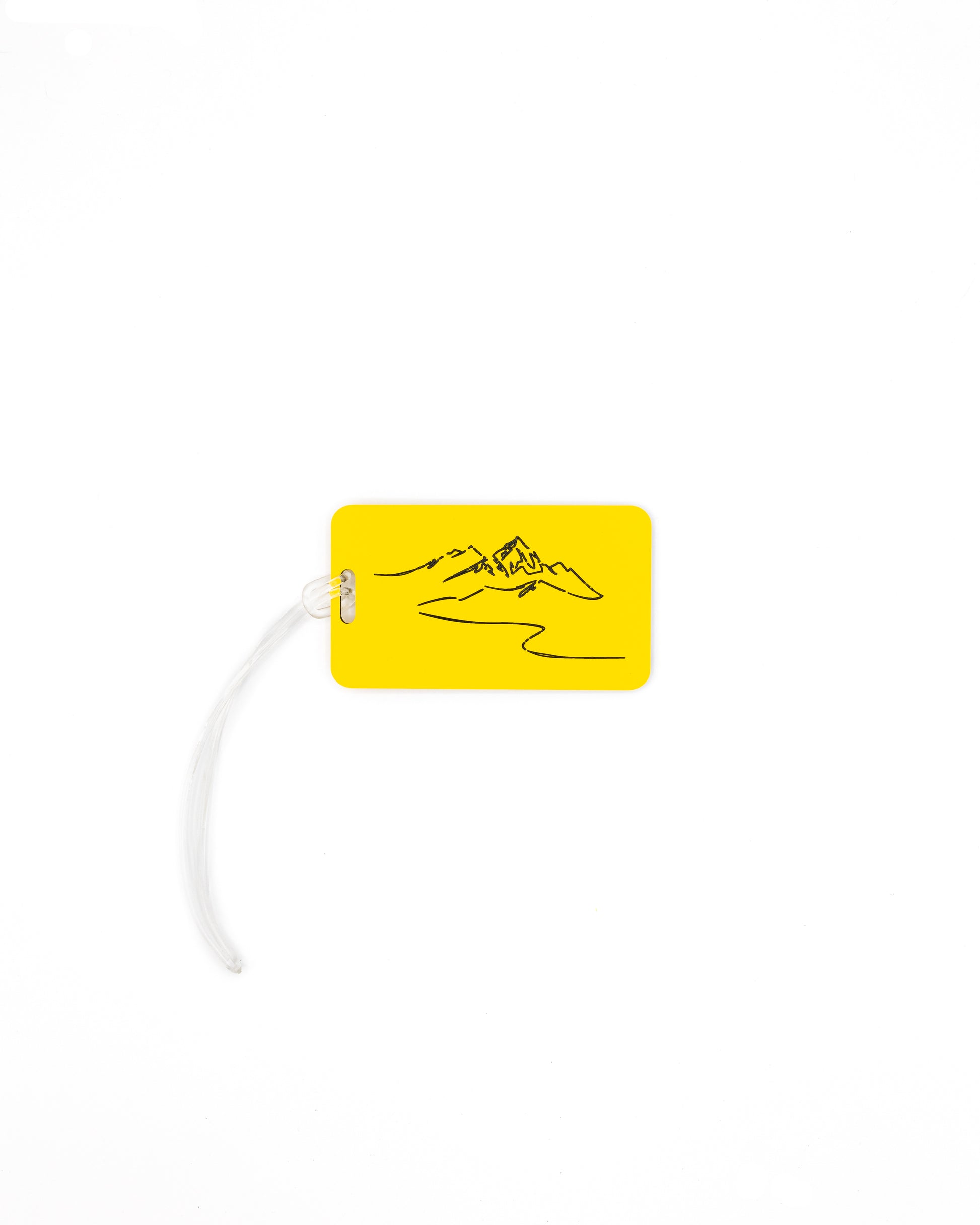 Mountain Design acrylic luggage tag in yellow with worm loop.