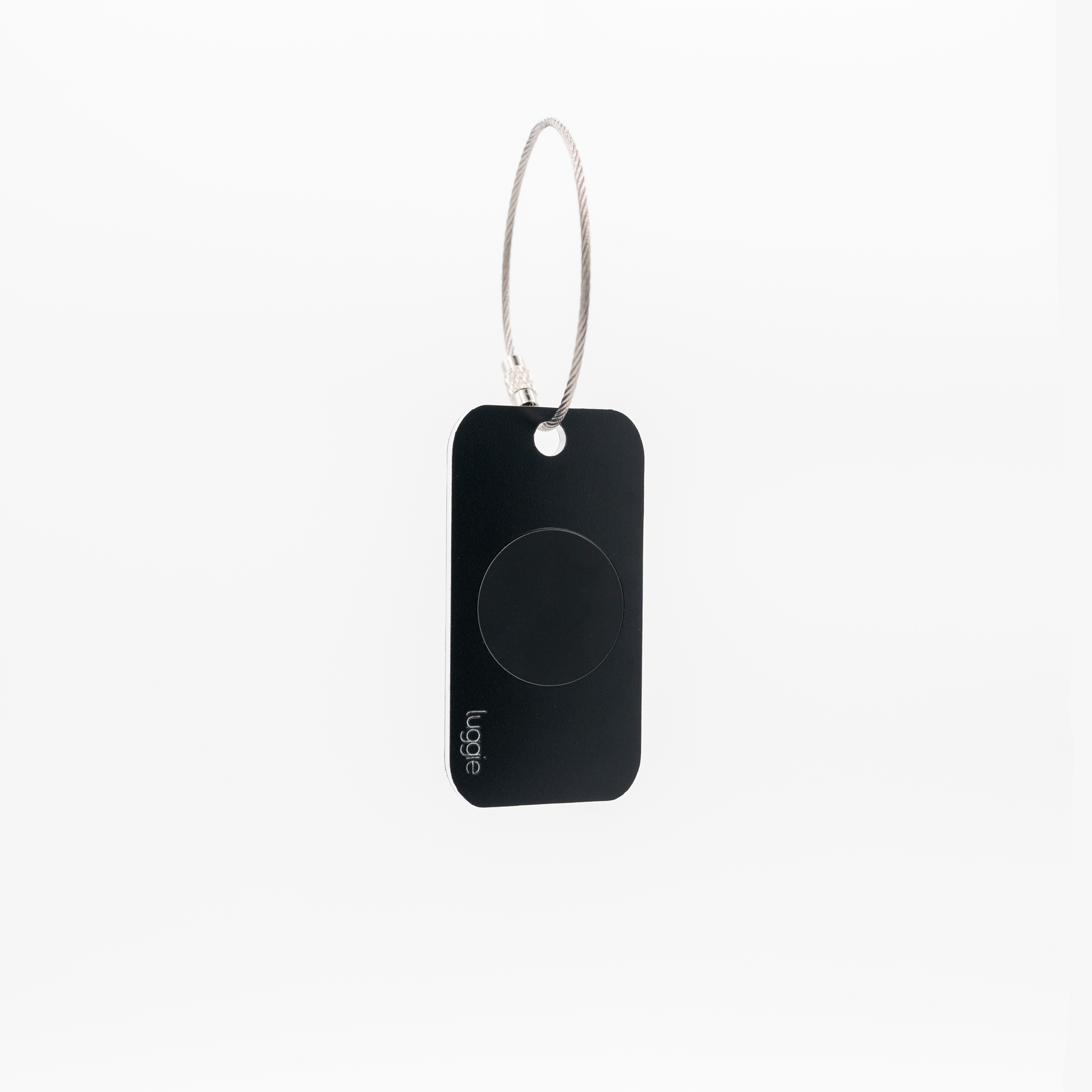 Back view of the black Luggie Keychain with a black NFC chip embedded, designed for smart connectivity and daily use.