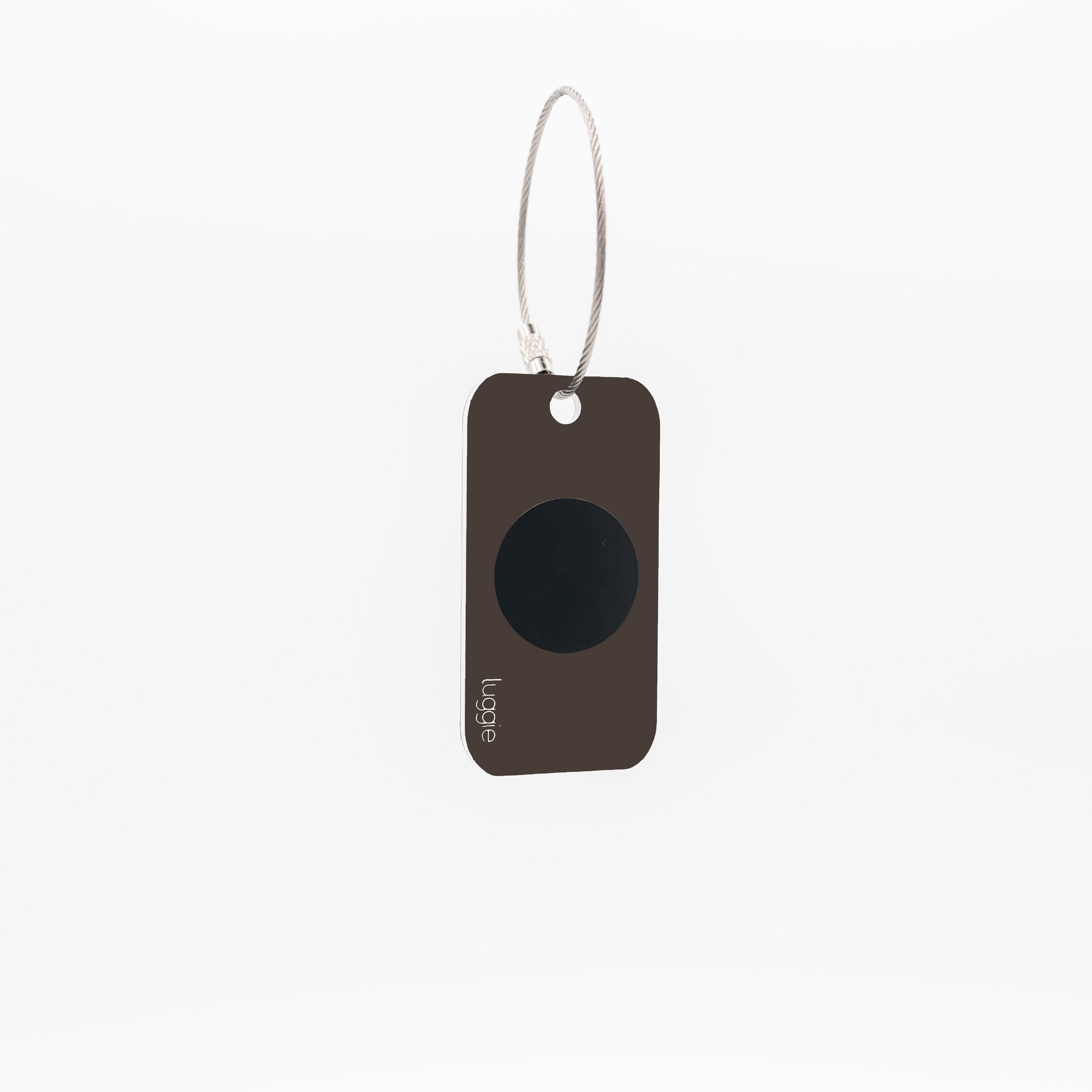 Back view of the chocolate Luggie Keychain with a black NFC chip embedded, designed for smart connectivity and daily use.