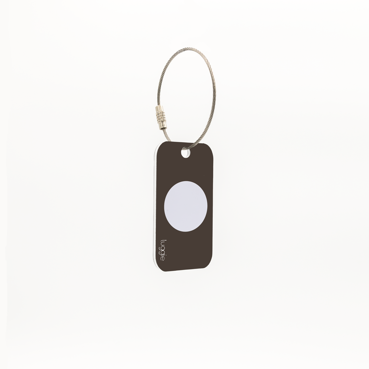 Back view of the chocolate Luggie Keychain with a white NFC chip embedded, designed for smart connectivity and daily use.
