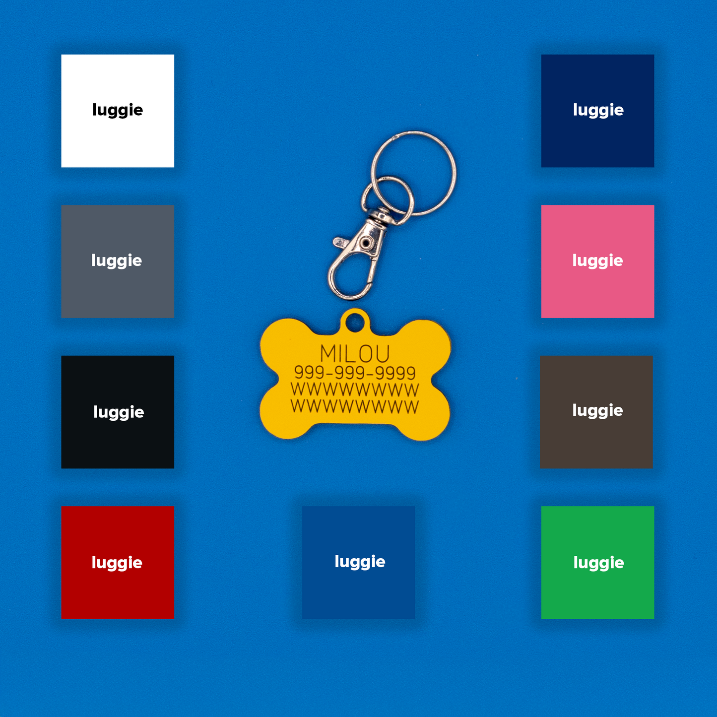 Bone Acrylic Pet ID Tag in Yellow with strap showcasing all other nine color options: white, dark blue, grey, pink, chocolate, light blue, red, black and spring green.