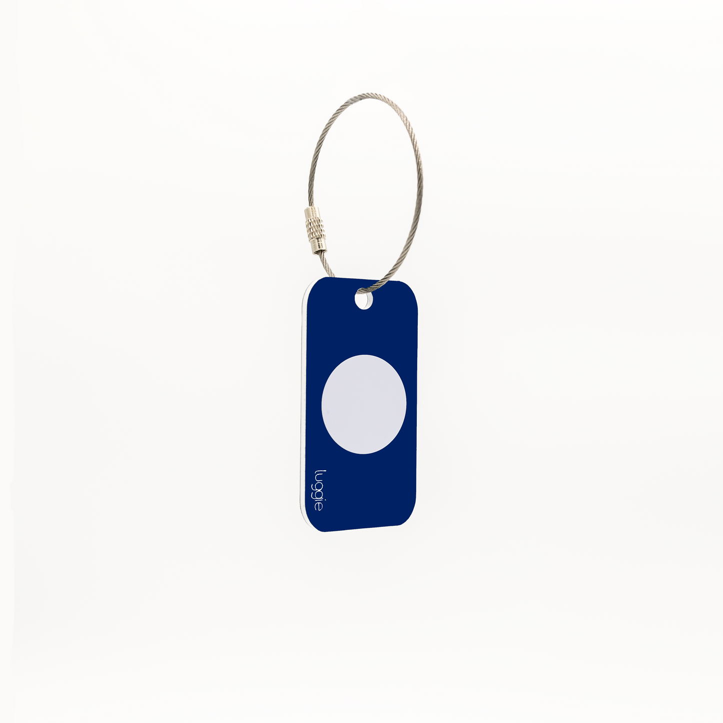 Back view of the dark blue Luggie Keychain with a white NFC chip embedded, designed for smart connectivity and daily use.