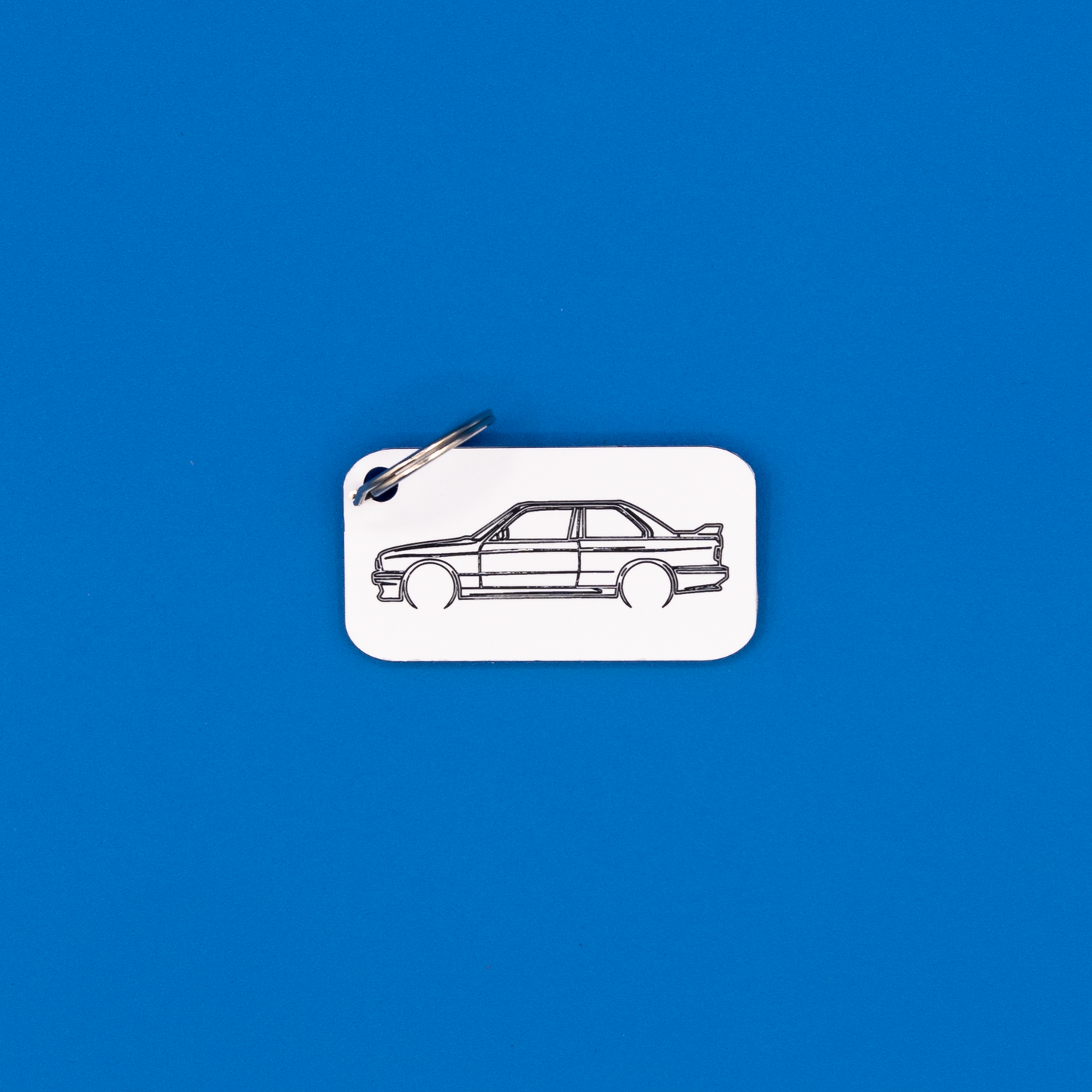 BMW E30 M3 Acrylic Keychain in white with classic key ring.