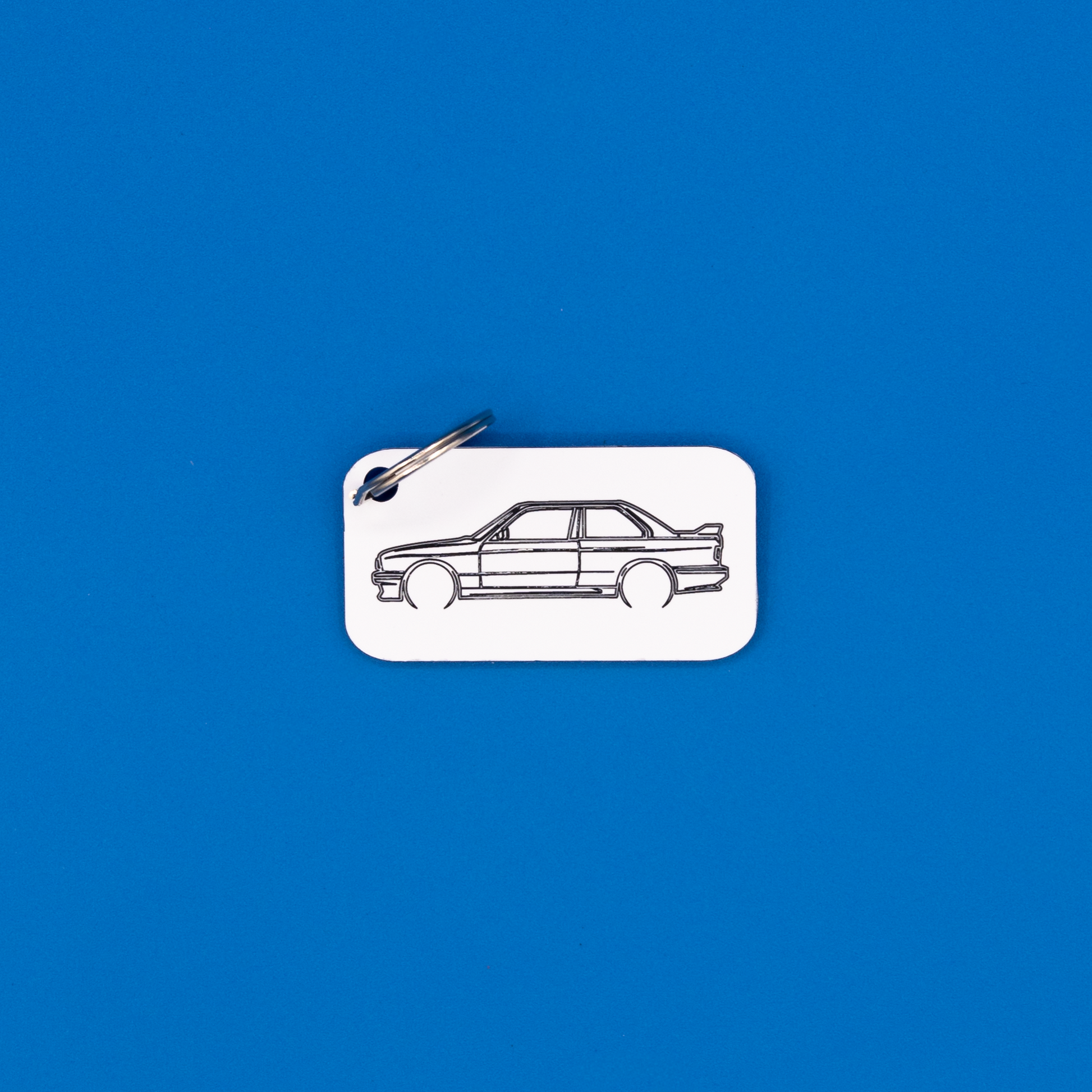 BMW E30 M3 Acrylic Keychain in white with classic key ring.