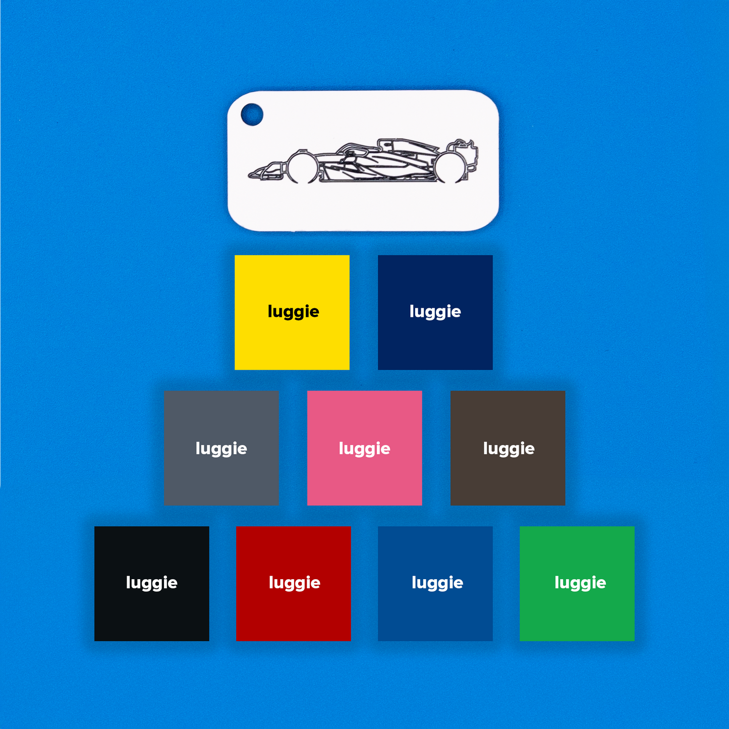 F1 Car Acrylic Keychain in white with just the hole showcasing all other nine color options: yellow, dark blue, grey, pink, chocolate, light blue, red, black and spring green.