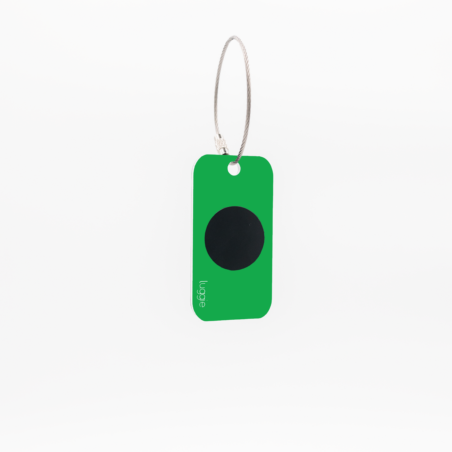 Back view of the spring green Luggie Keychain with a black NFC chip embedded, designed for smart connectivity and daily use.