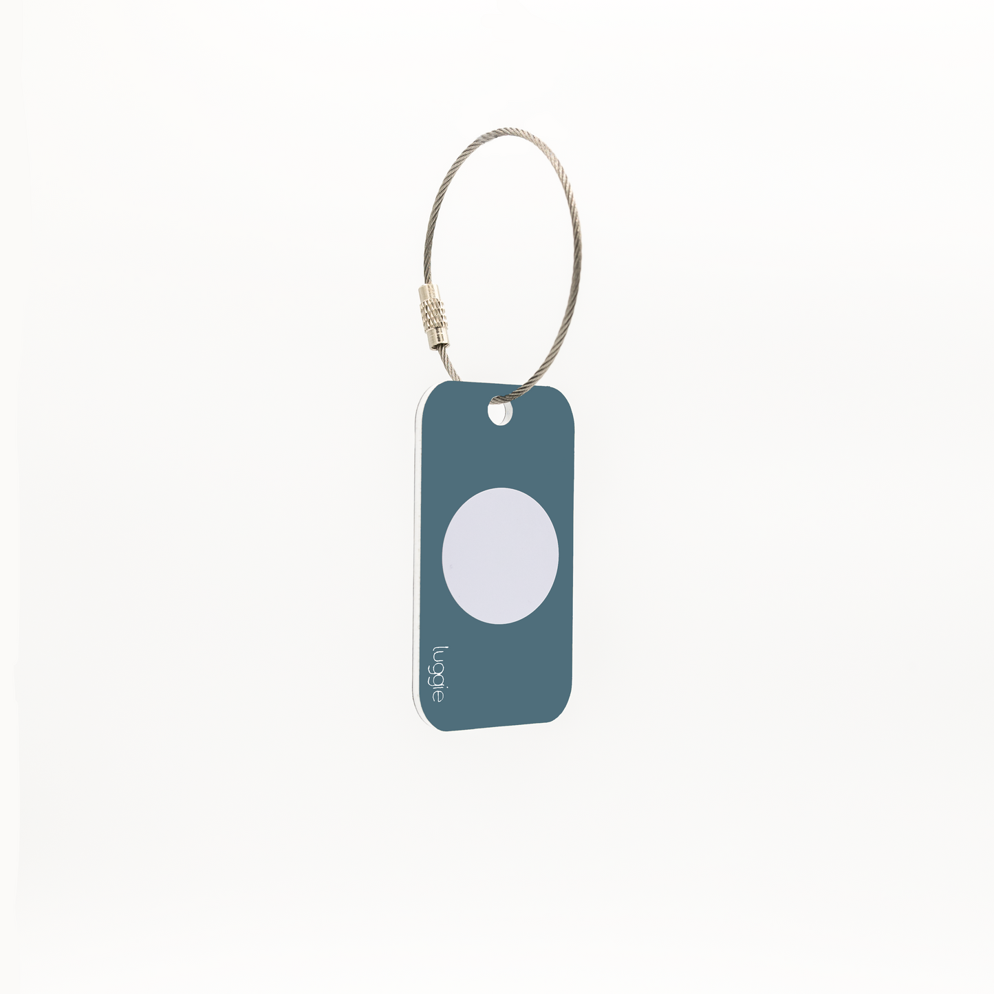 Back view of the grey Luggie Keychain with a white NFC chip embedded, designed for smart connectivity and daily use.
