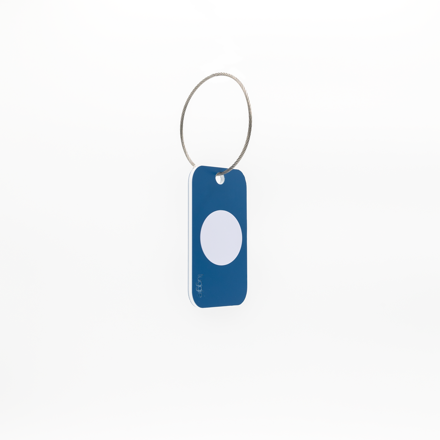 Back view of the light blue Luggie Keychain with a white NFC chip embedded, designed for smart connectivity and daily use.