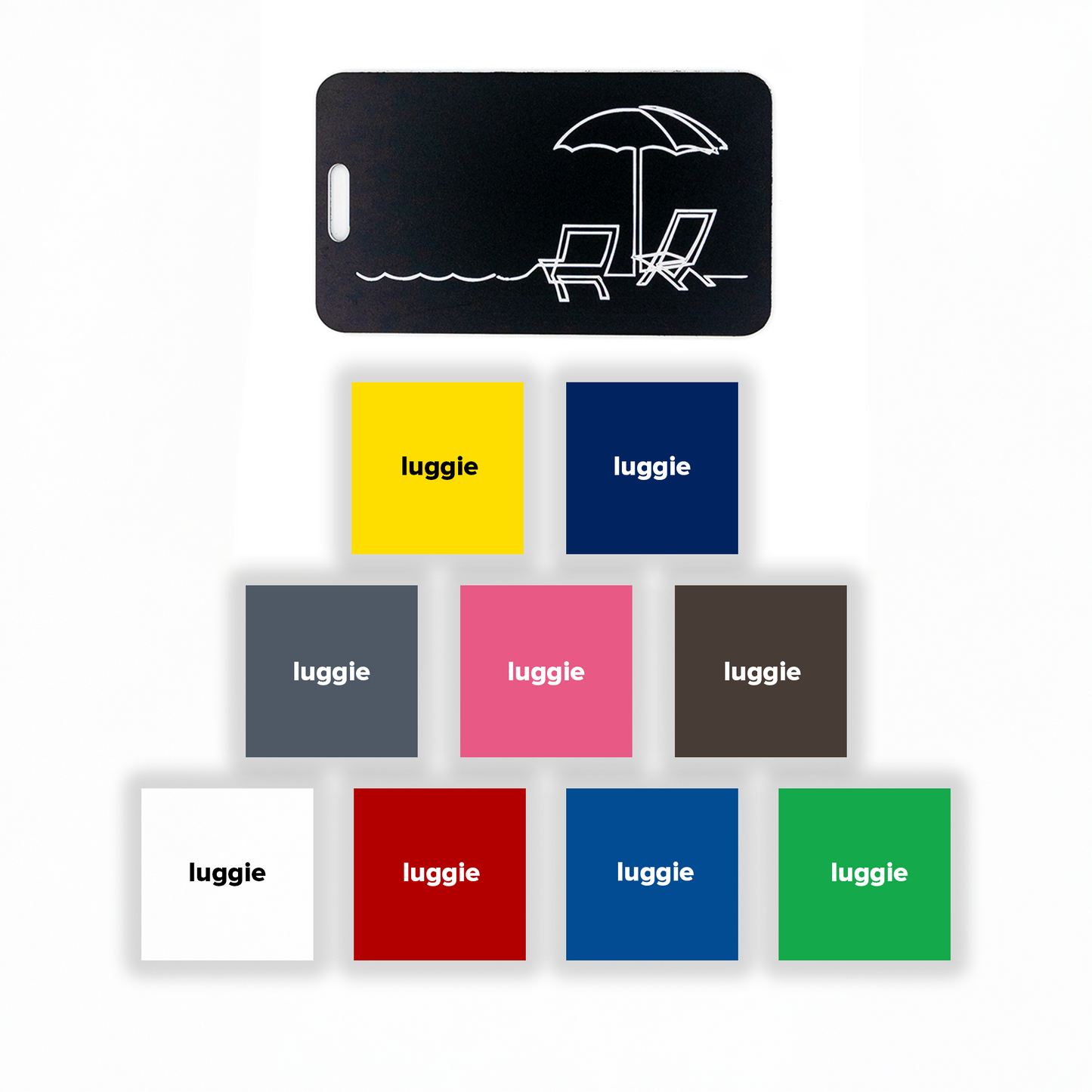 Set of colorful luggage tags with 'luggie' branding and a black tag with a beach illustration.