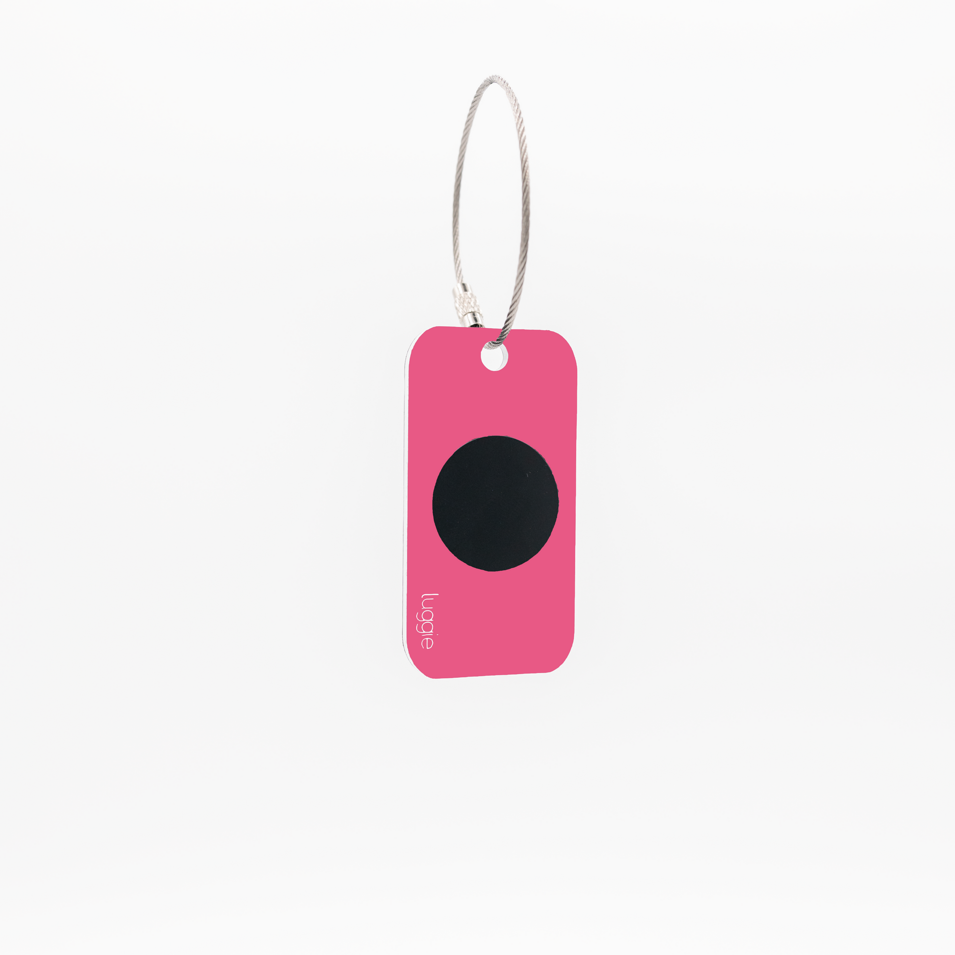 Back view of the pink Luggie Keychain with a black NFC chip embedded, designed for smart connectivity and daily use.