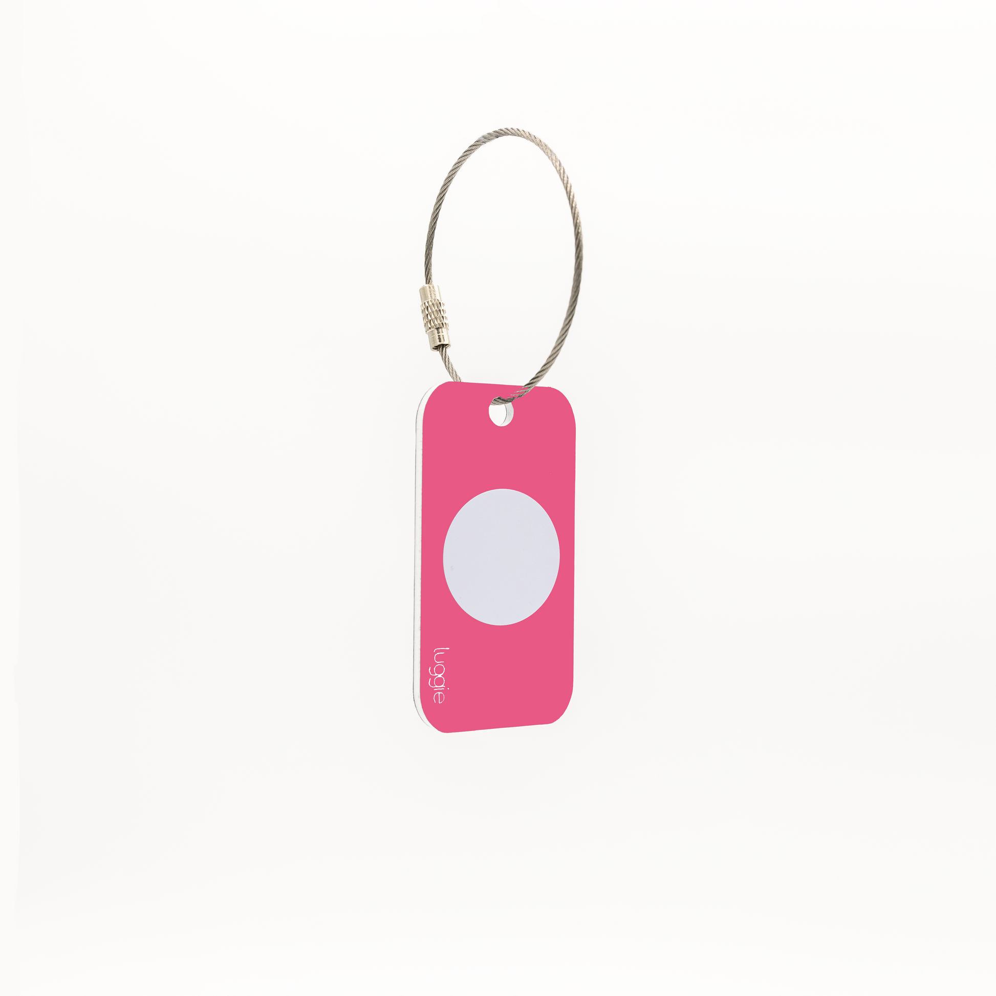 Back view of the pink Luggie Keychain with a white NFC chip embedded, designed for smart connectivity and daily use.