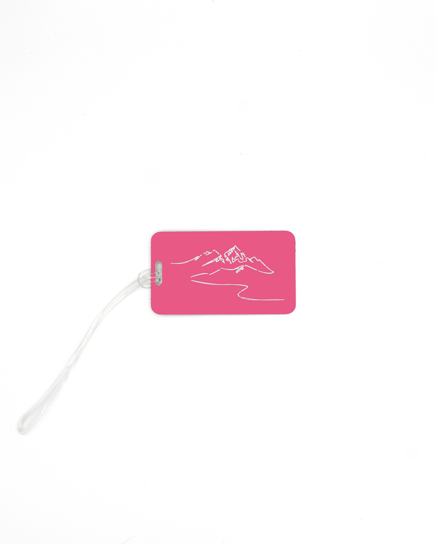 Mountain design acrylic luggage tag with worm loop in pink.