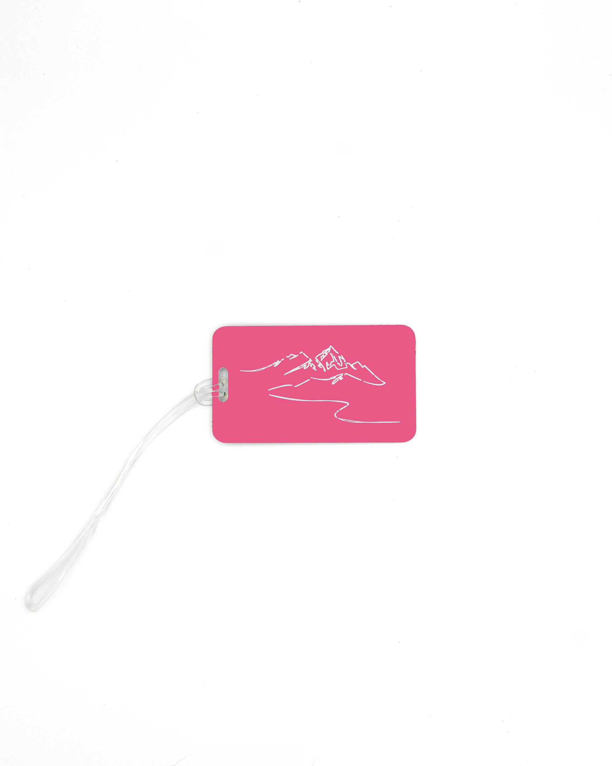 Mountain design acrylic luggage tag with worm loop in pink.