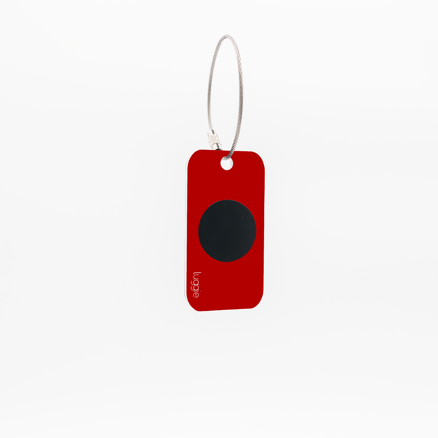 Back view of the red Luggie Keychain with a black NFC chip embedded, designed for smart connectivity and daily use.