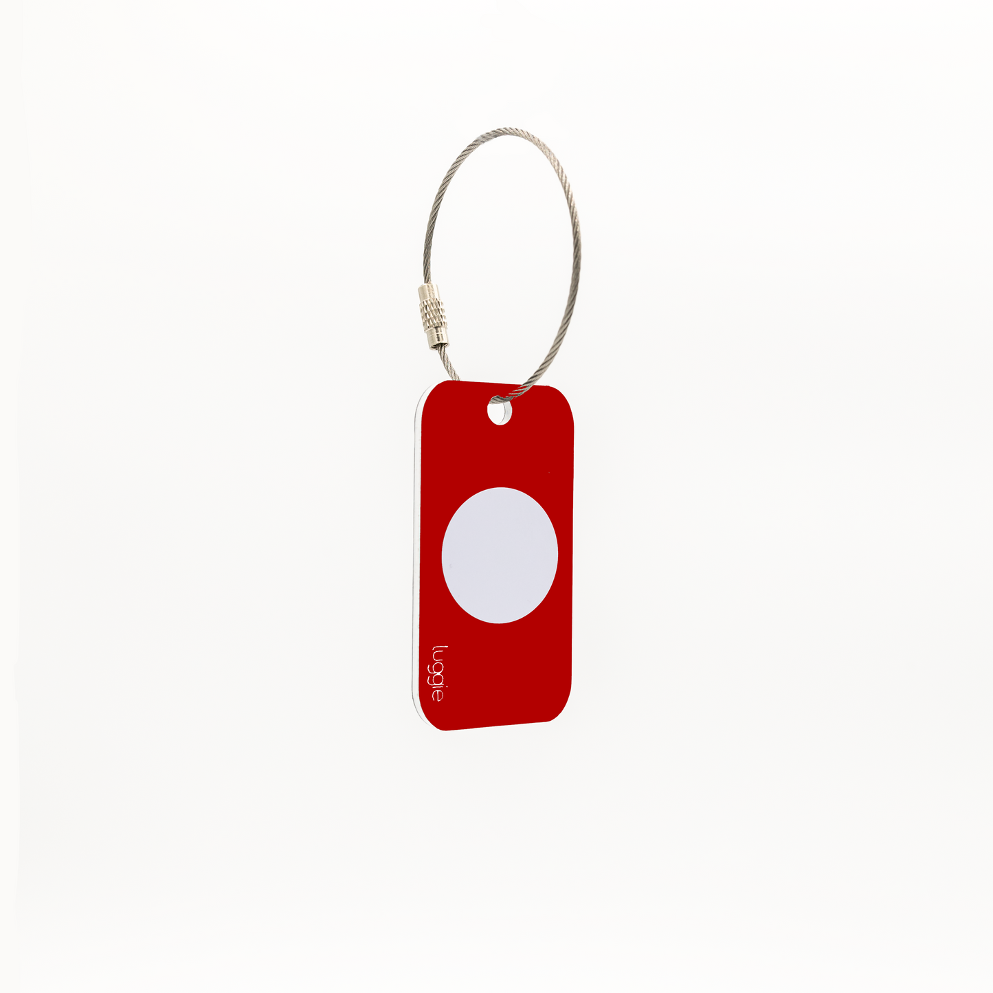 Back view of the red Luggie Keychain with a white NFC chip embedded, designed for smart connectivity and daily use.