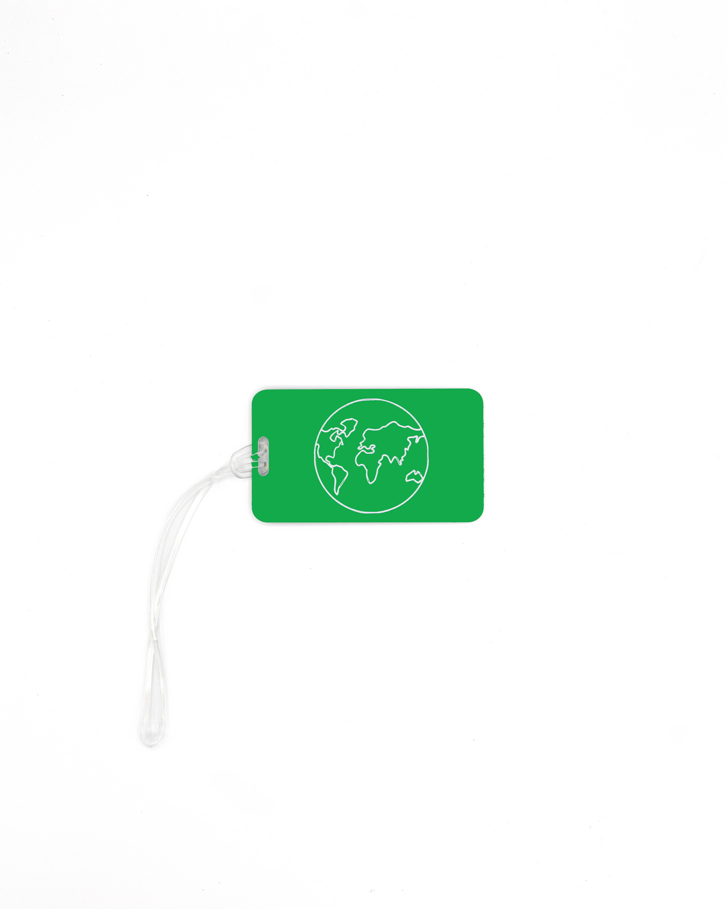 Globe design acrylic luggage tag in spring green with worm loop.