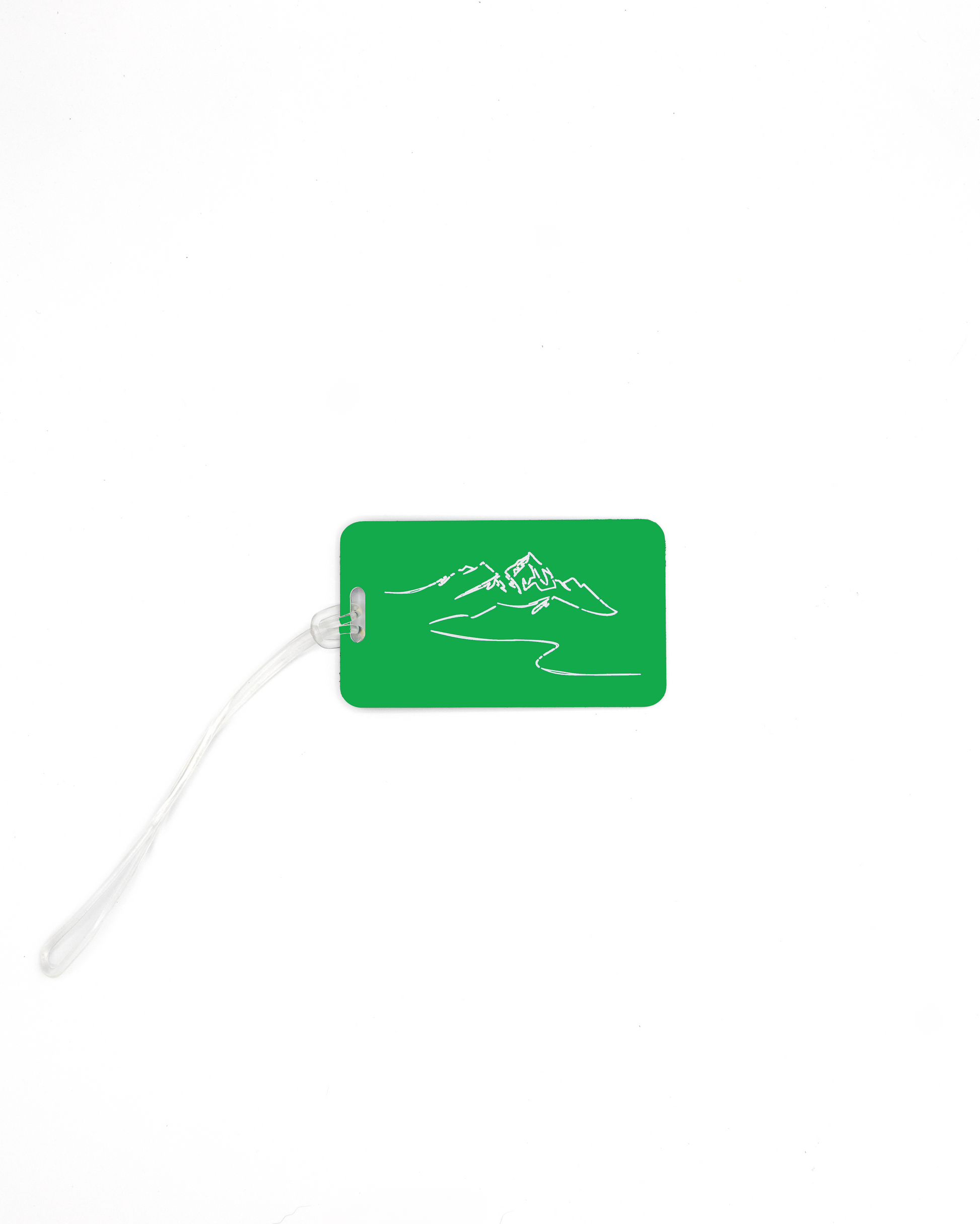 Mountain design acrylic luggage tag with worm loop in spring green.