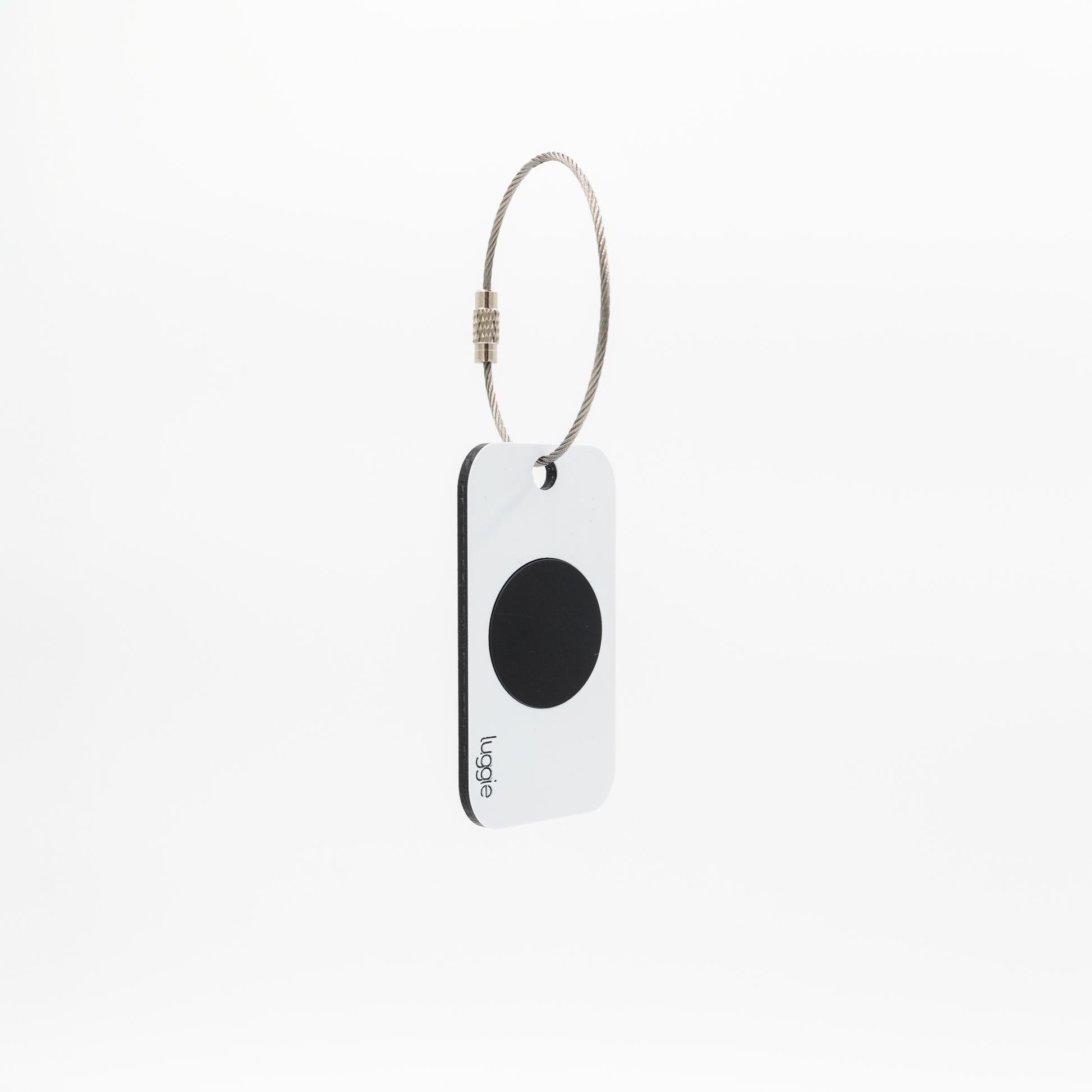 Back view of the white Luggie Keychain with a black NFC chip embedded, designed for smart connectivity and daily use.