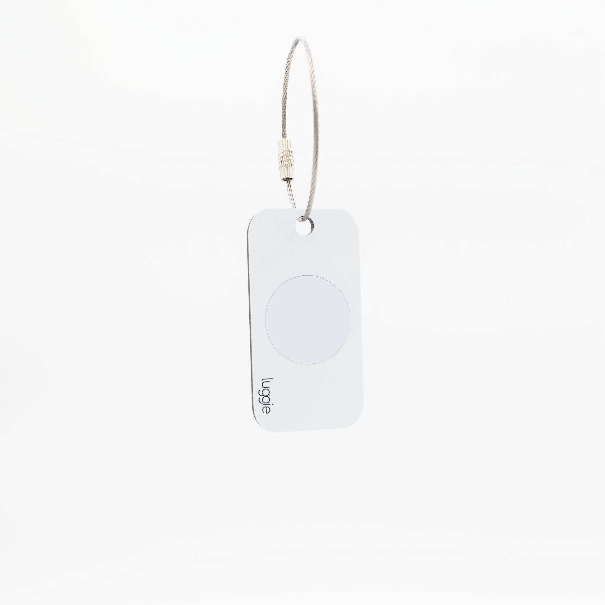 Back view of the white Luggie Keychain with a white NFC chip embedded, designed for smart connectivity and daily use.
