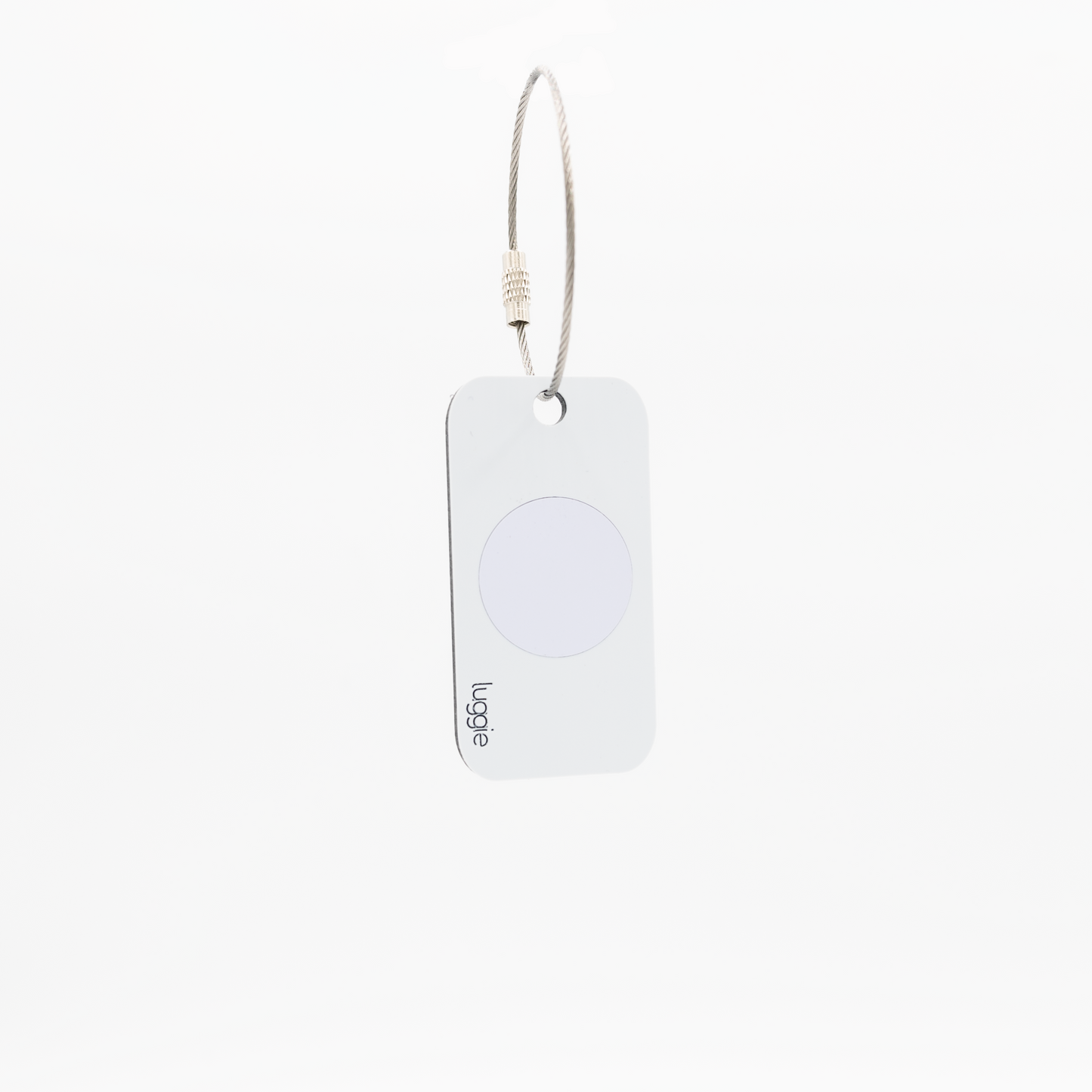 Back view of the white Luggie Keychain with a white NFC chip embedded, designed for smart connectivity and daily use.