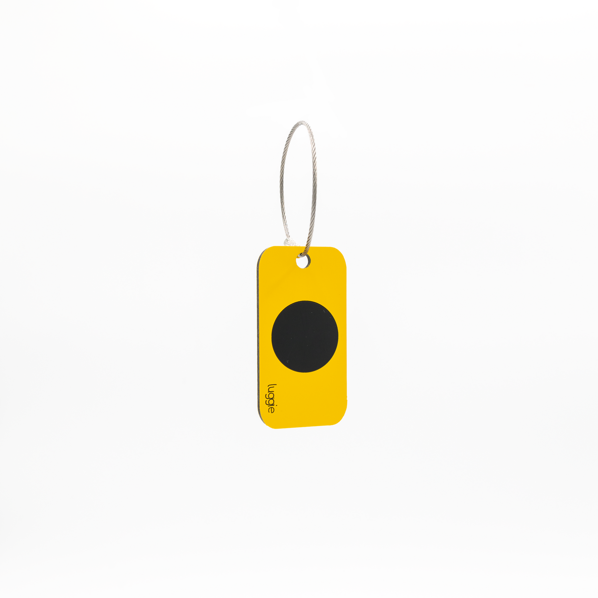 Back view of the yellow Luggie Keychain with a black NFC chip embedded, designed for smart connectivity and daily use.