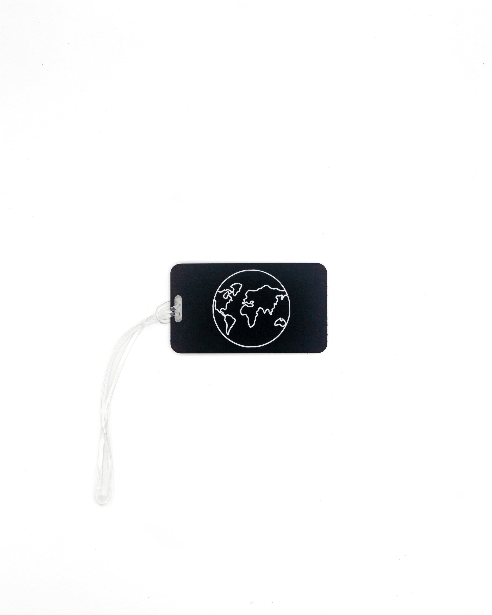 Globe Design acrylic luggage tag in black with worm loop.