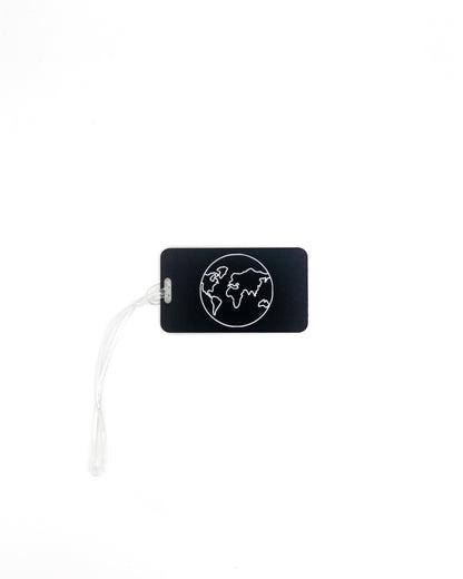 Globe Design acrylic luggage tag in black with worm loop.