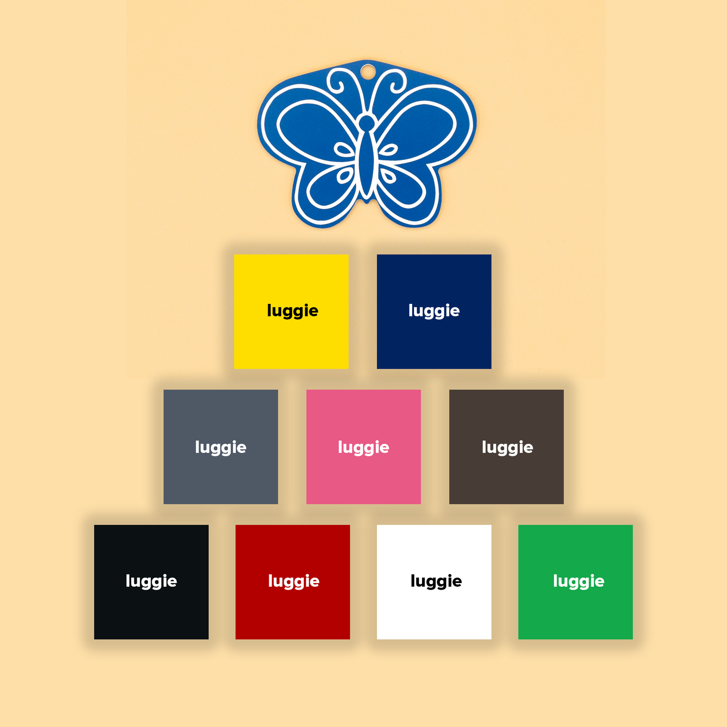 Butterfly keychain with color options shown with colored squares on a beige background