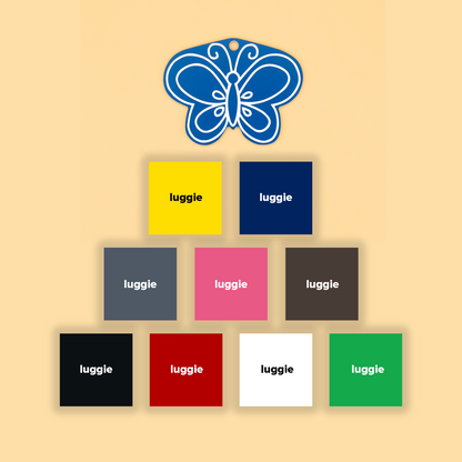 Butterfly keychain with color options shown with colored squares on a beige background