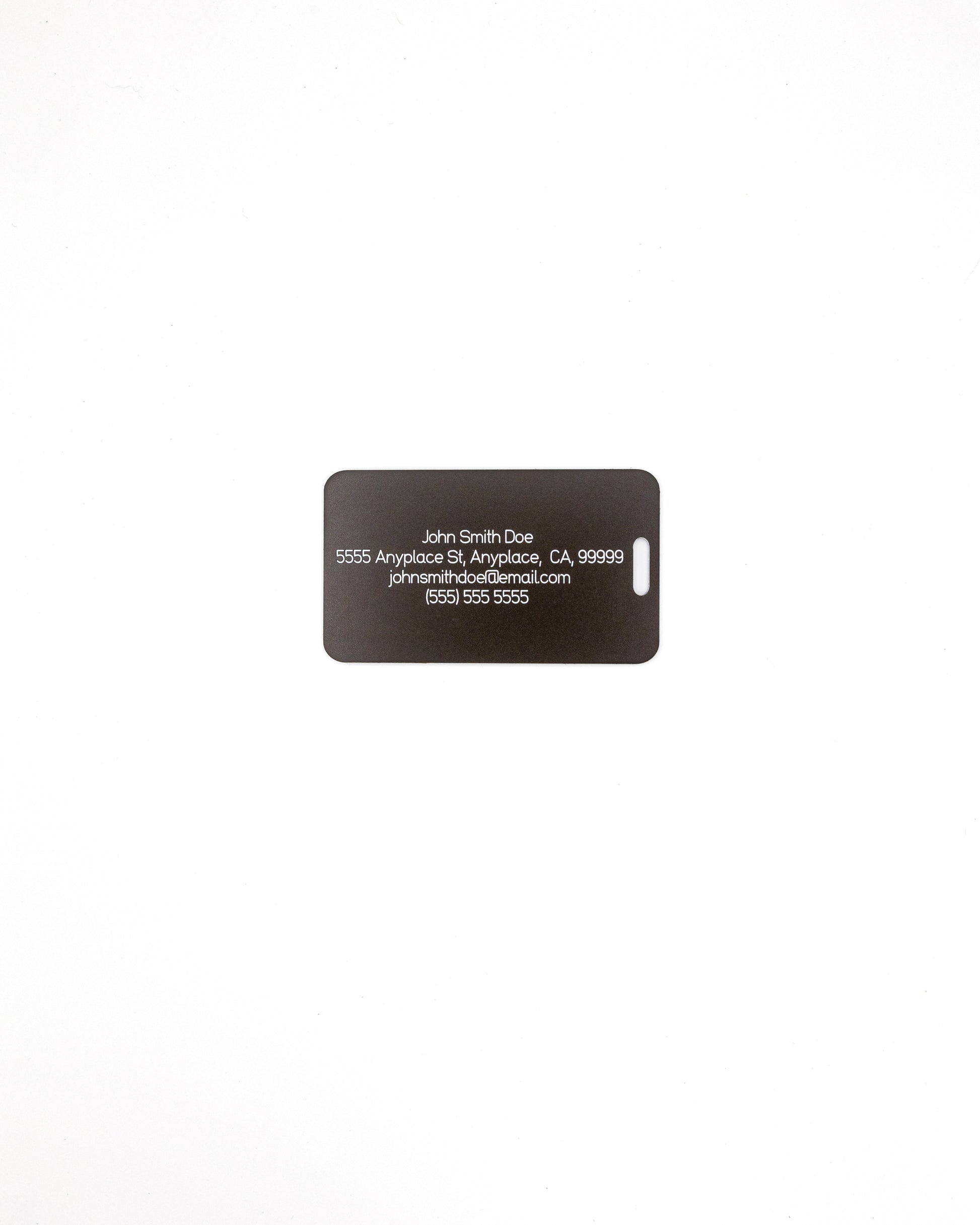 Rear of globe design acrylic luggage tag with travel information in chocolate