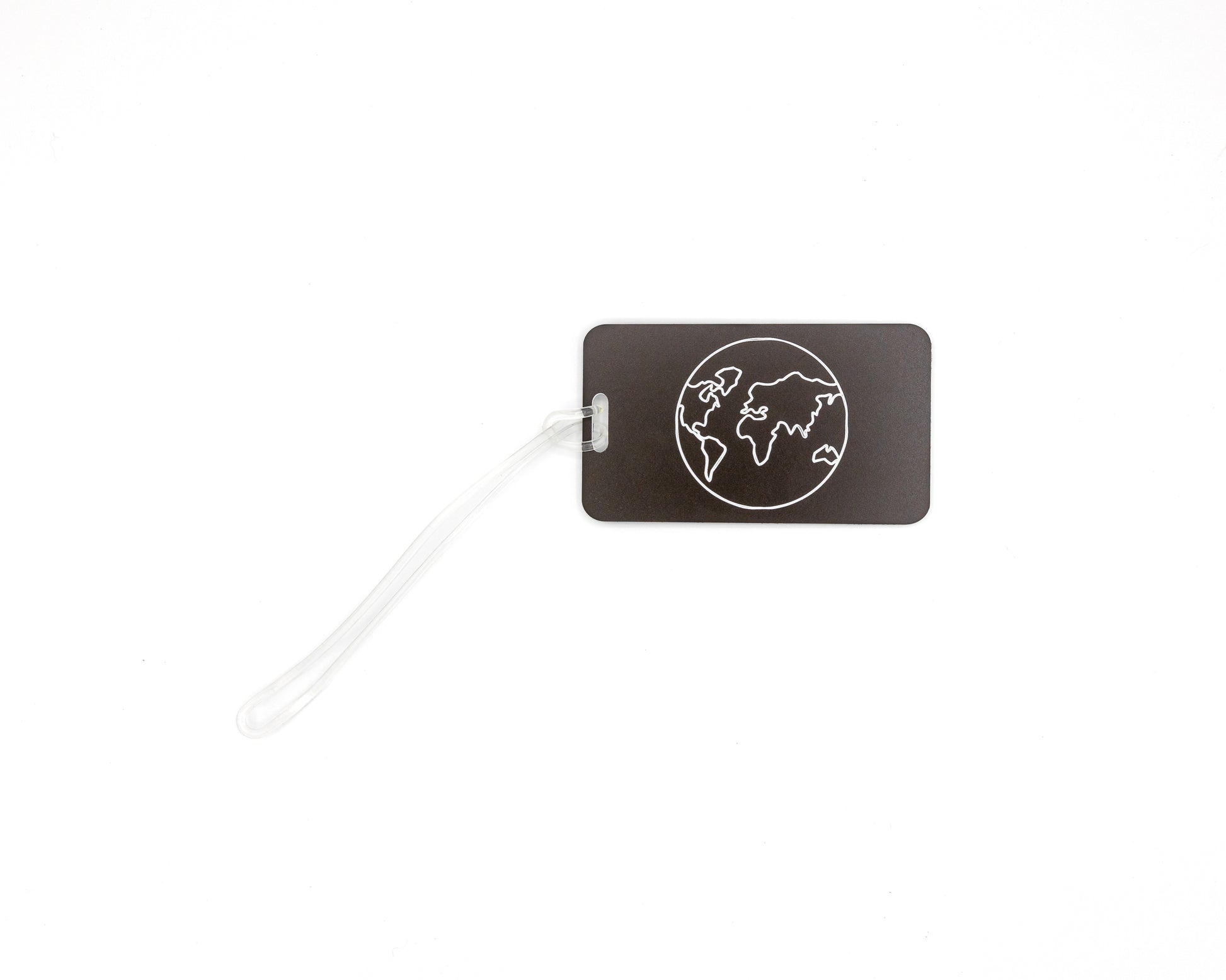 Globe Design acrylic luggage tag in chocolate with worm loop.