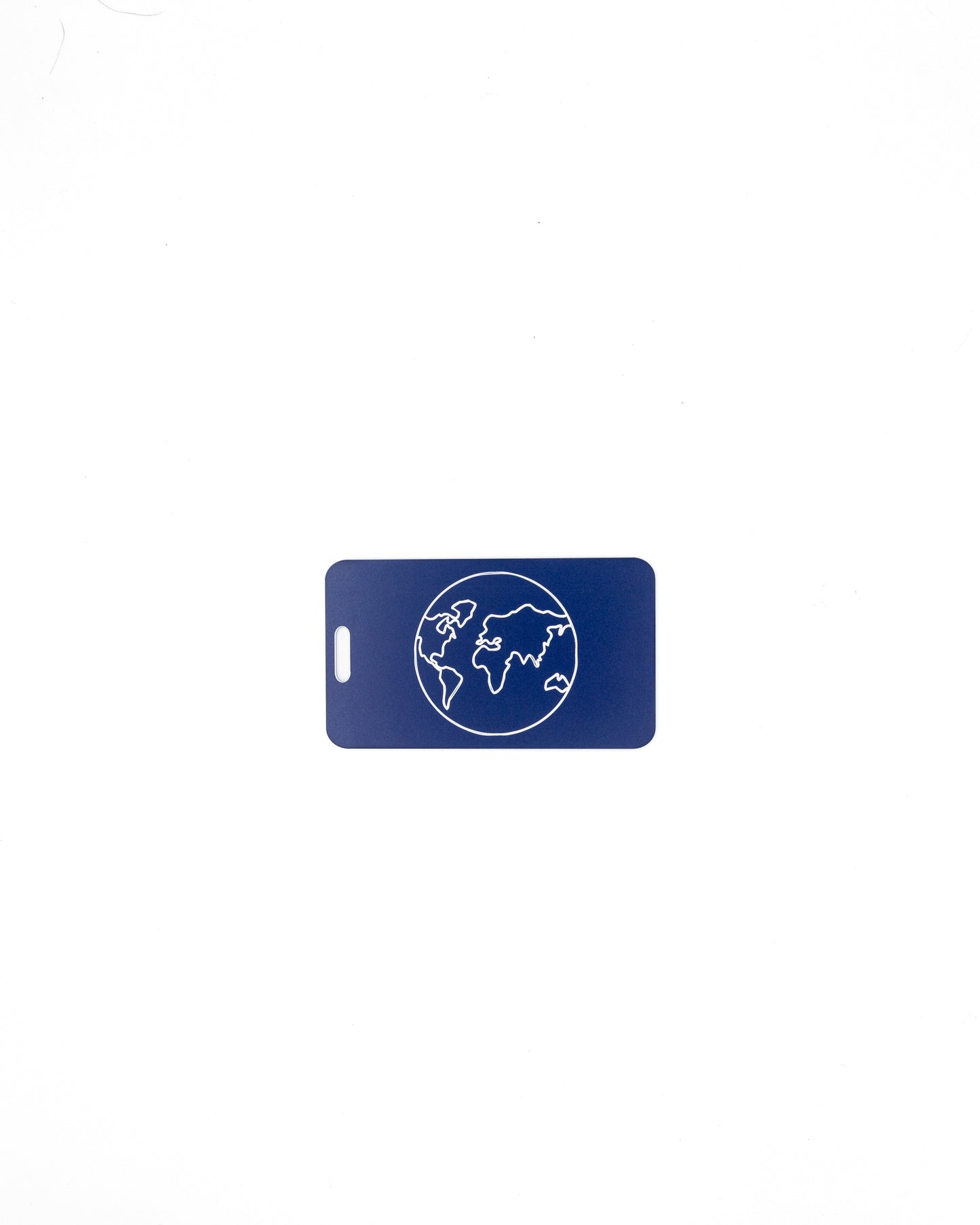 Globe Design acrylic luggage tag in dark blue.